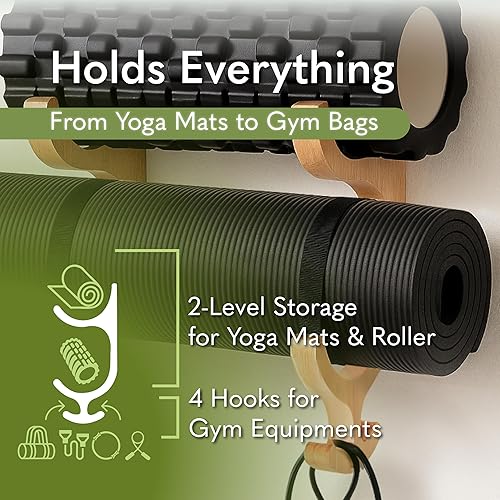 Miniatura 2 de Soporte de pared para esterilla de yoga de madera, estante de almacenamiento para esterilla de yoga, almacenamiento y organizador de equipos de