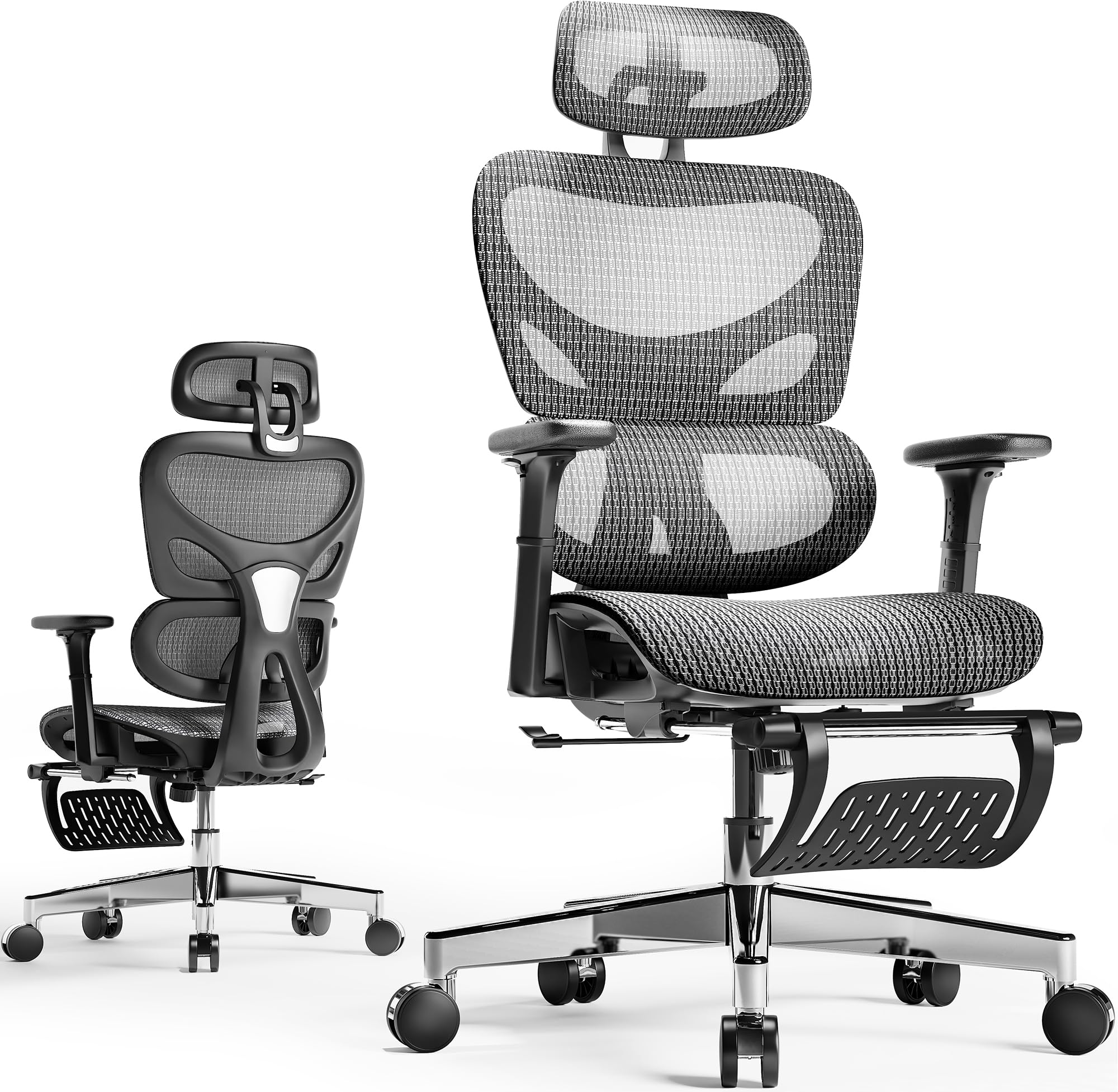 Huuger Mesh Office Chair with Footrest, Ergonomic Desk Chair with Lumbar Support, Comfortable Gaming Chair with Multi-tilt Angle Backrest, Headrest and 3D Armrest, Large Steel Base, Grey and Black