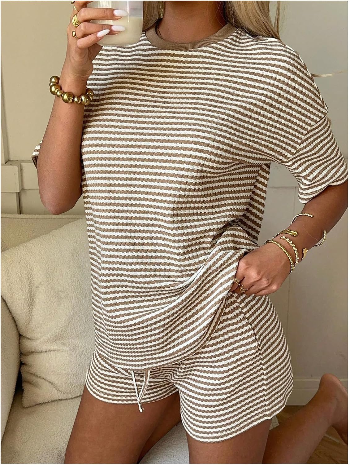 SOLY HUX Women's Striped Lounge Set Short Sleeve Knit Oversized T Shirts Summer Shorts Casual Matching Set