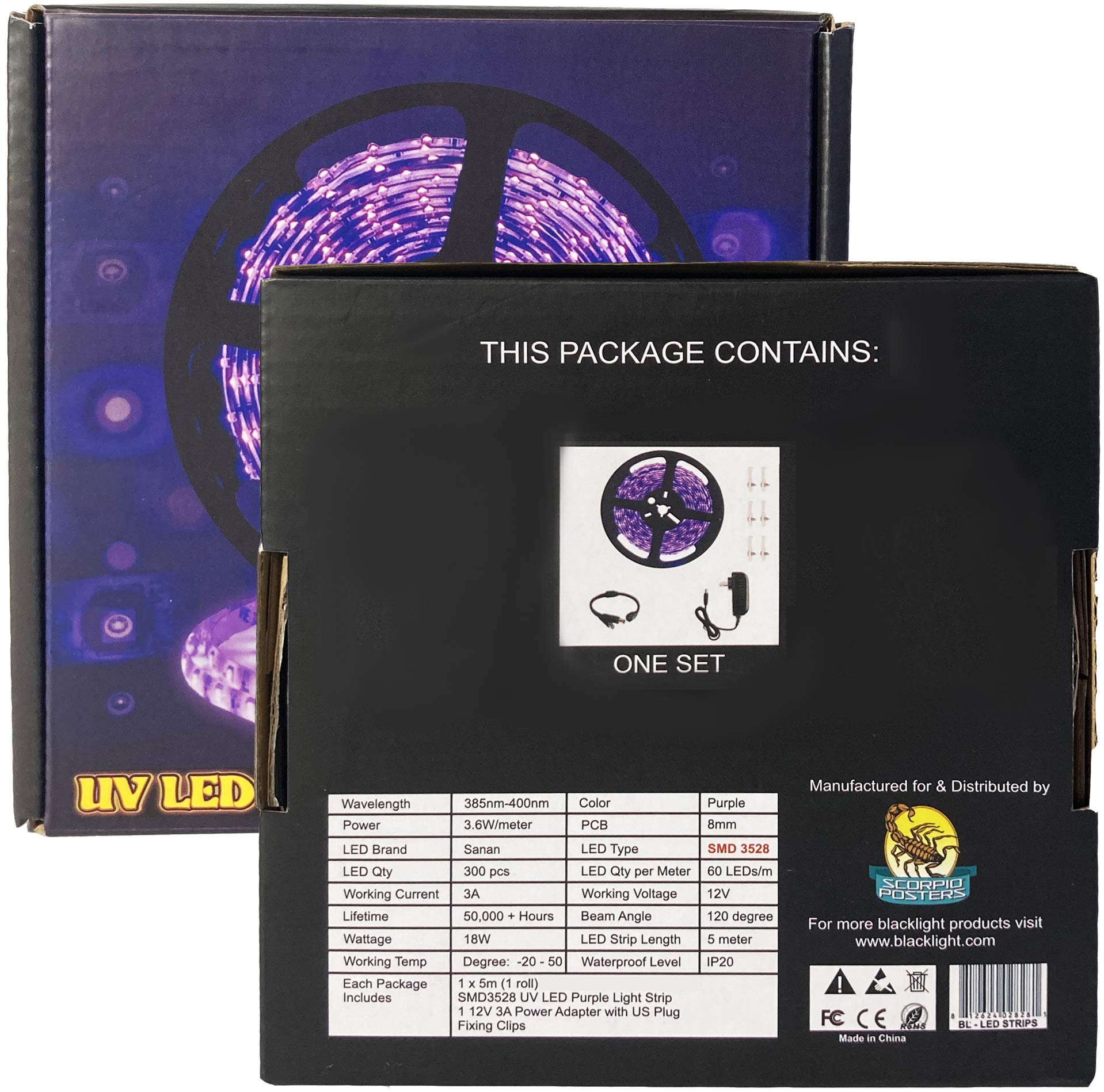 Scorpio Posters UV LED Blacklight Strip Light 5m (16.4 ft) - 300 LED - 385nm-400nm