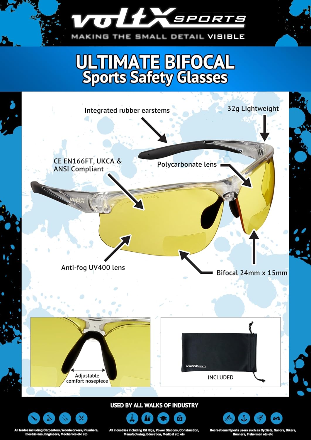 voltX 'ULTIMATE SPORTS' Bifocal Safety Glasses (Clear Frame, Yellow Lens +2.0 Dioptre) - Anti Fog Coated UV400 lens - Adjustable nosepiece - Microfibre Carry Bag