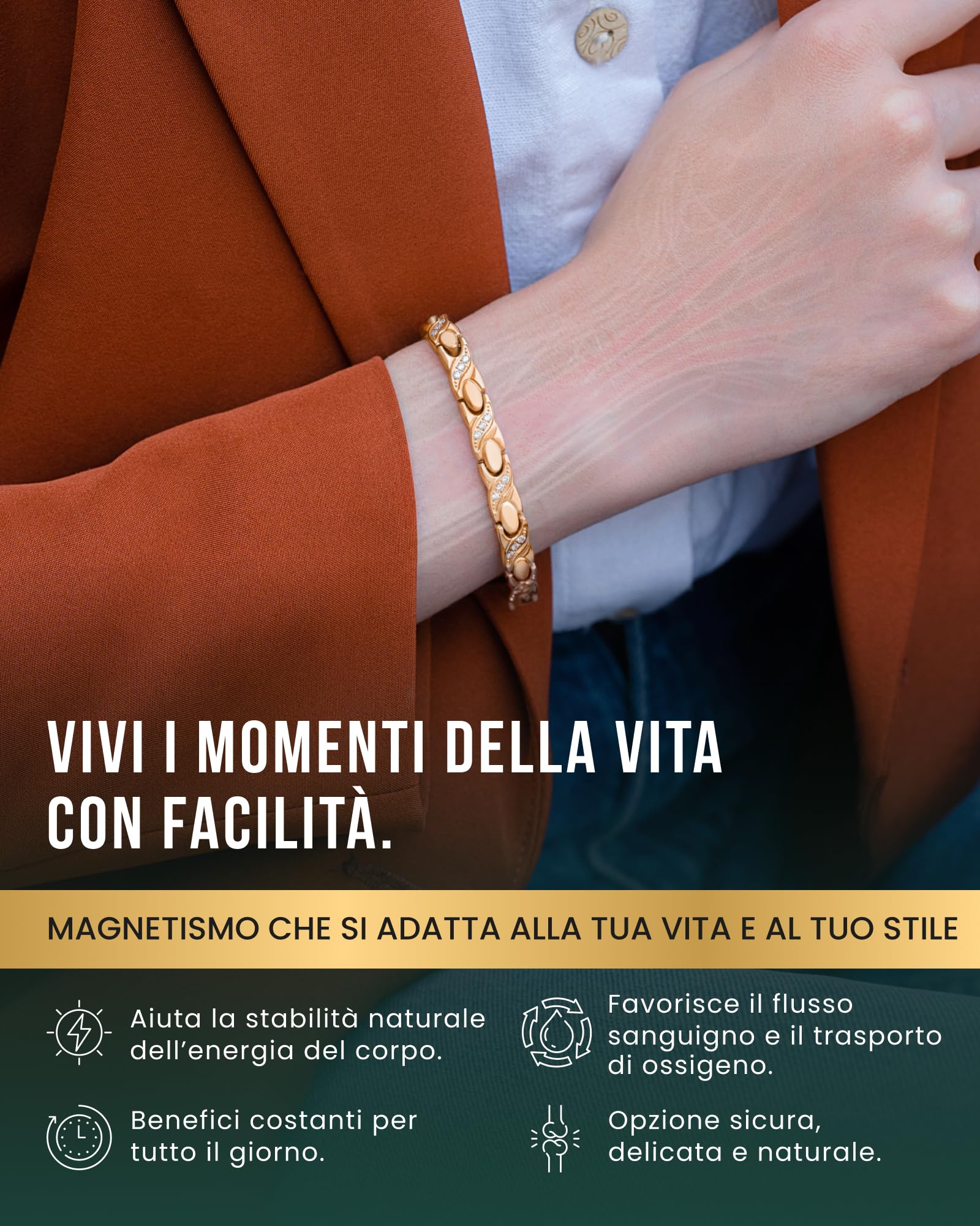 MagnetRX® Bracciale Magnetico Donna Ultra Forte – Bracciale Benessere con Doppio Magnete in Acciaio Inox e Cristalli – Magnetico Regolabile con Strumento di Misura (Oro Rosa)