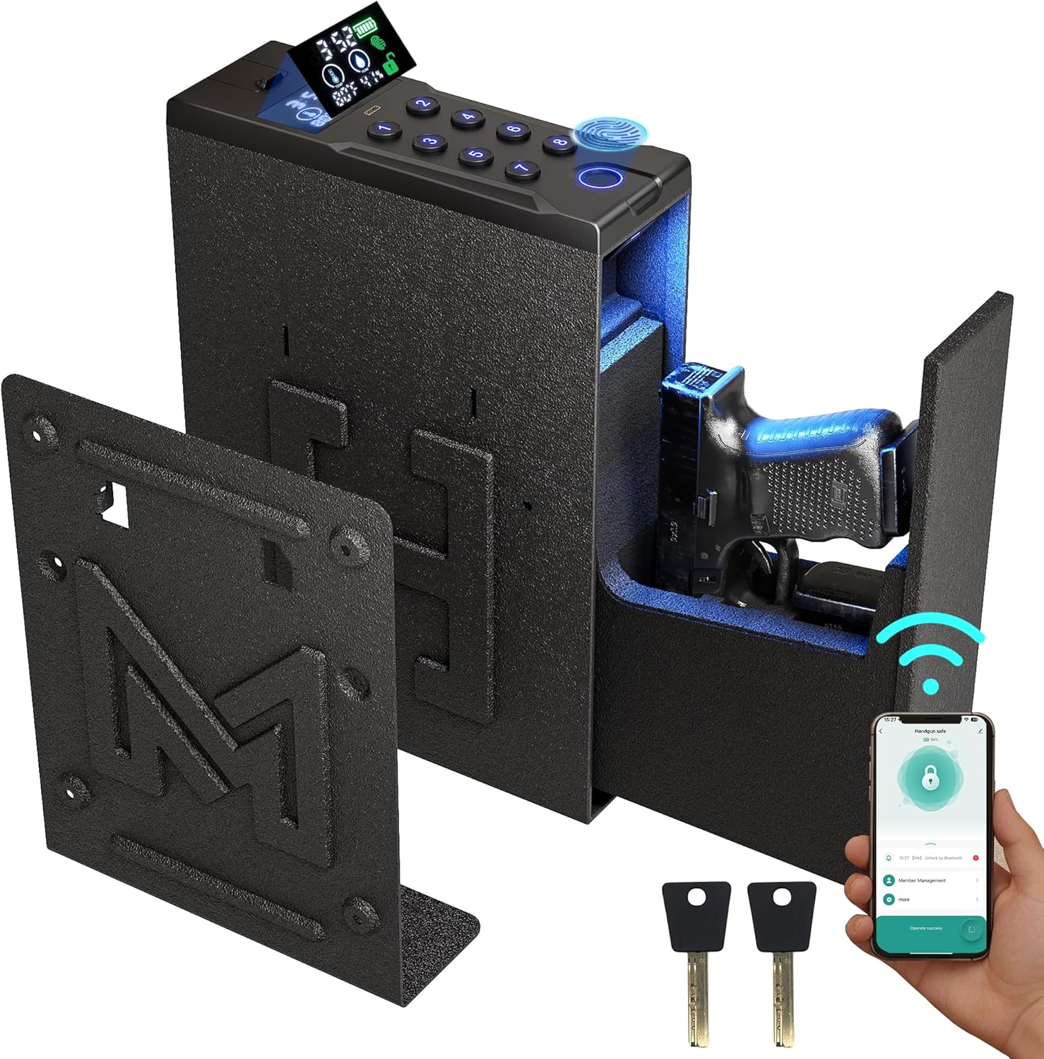 Gun Safe for Handgun, Wall Safe 4 Quick Access Gun Case Fingerprint, Key Access, Pin Code Bedside Gun Safe for Rifles and Pistols, Gun Lock Box for Nightstand, Bedside, Car, Desk, Dresser