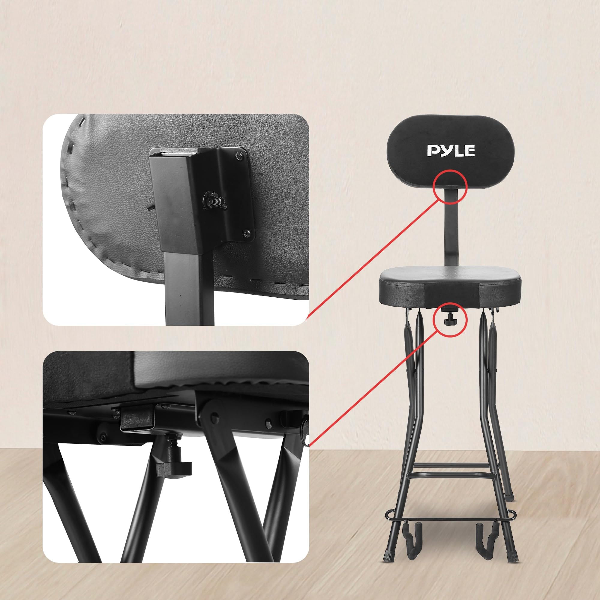 Pyle Tabouret Guitariste - Dossier Ergonomique Résistant avec Support Pliable, Repose-Pieds, Design Pliant, Supporte Les Guitares Acoustiques, Électriques et Basses, Capacité Maximale de 136 kg