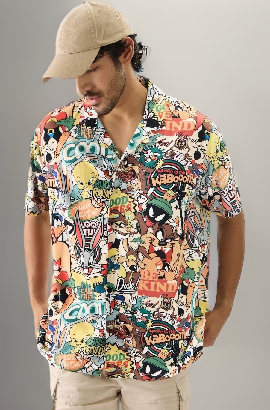 The Souled Store Official Looney Tunes: Vintage Men and Boys Short Sleeve Collared Neck Button Down Cotton Summer Shirts