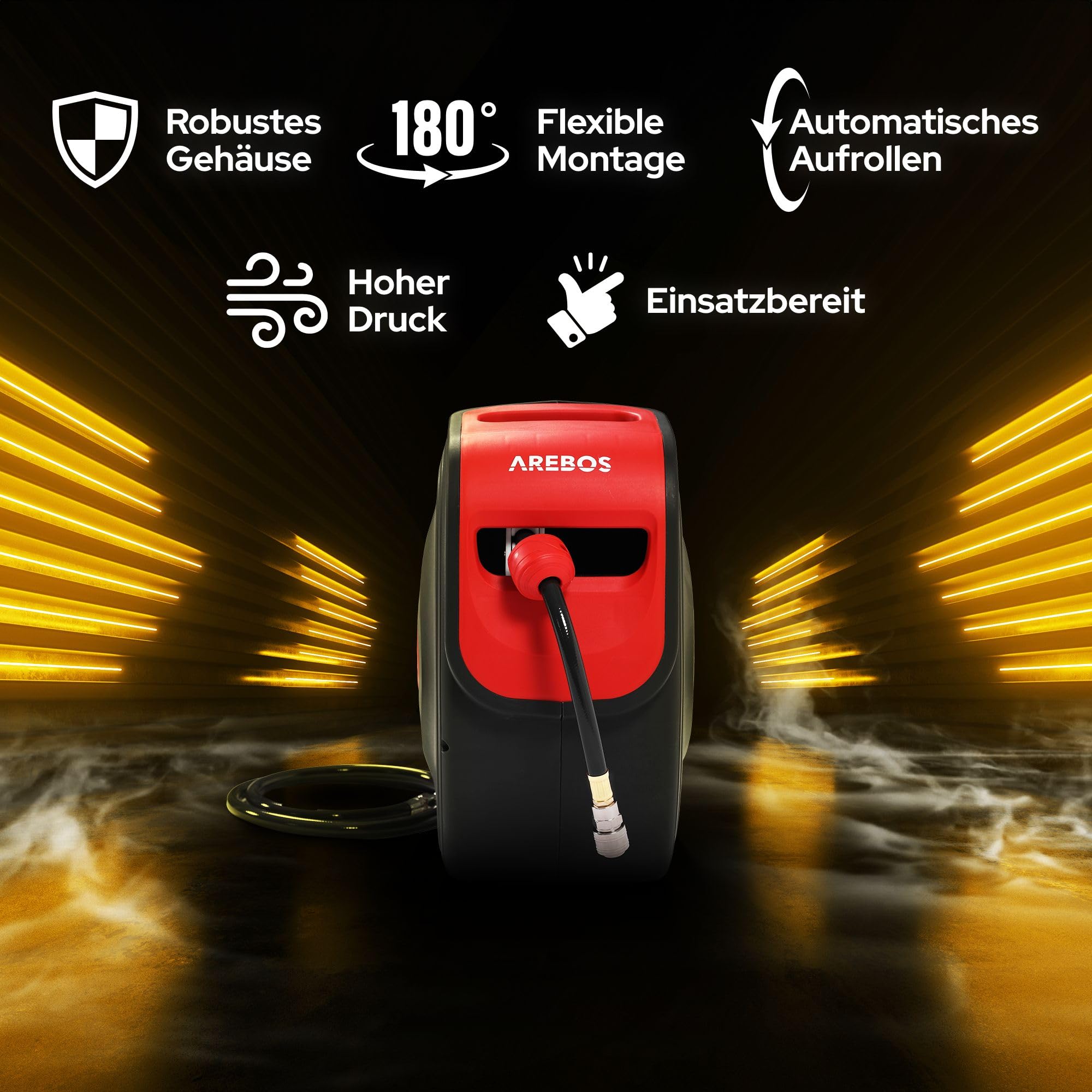 Arebos Druckluftschlauch Aufroller | Automatik Schlauch Aufroller | Wandhalterung | 1/4 Zoll Schnellkupplung | UV-beständig | 180° Schwenkbar | inkl. Montagehalter | 30 m