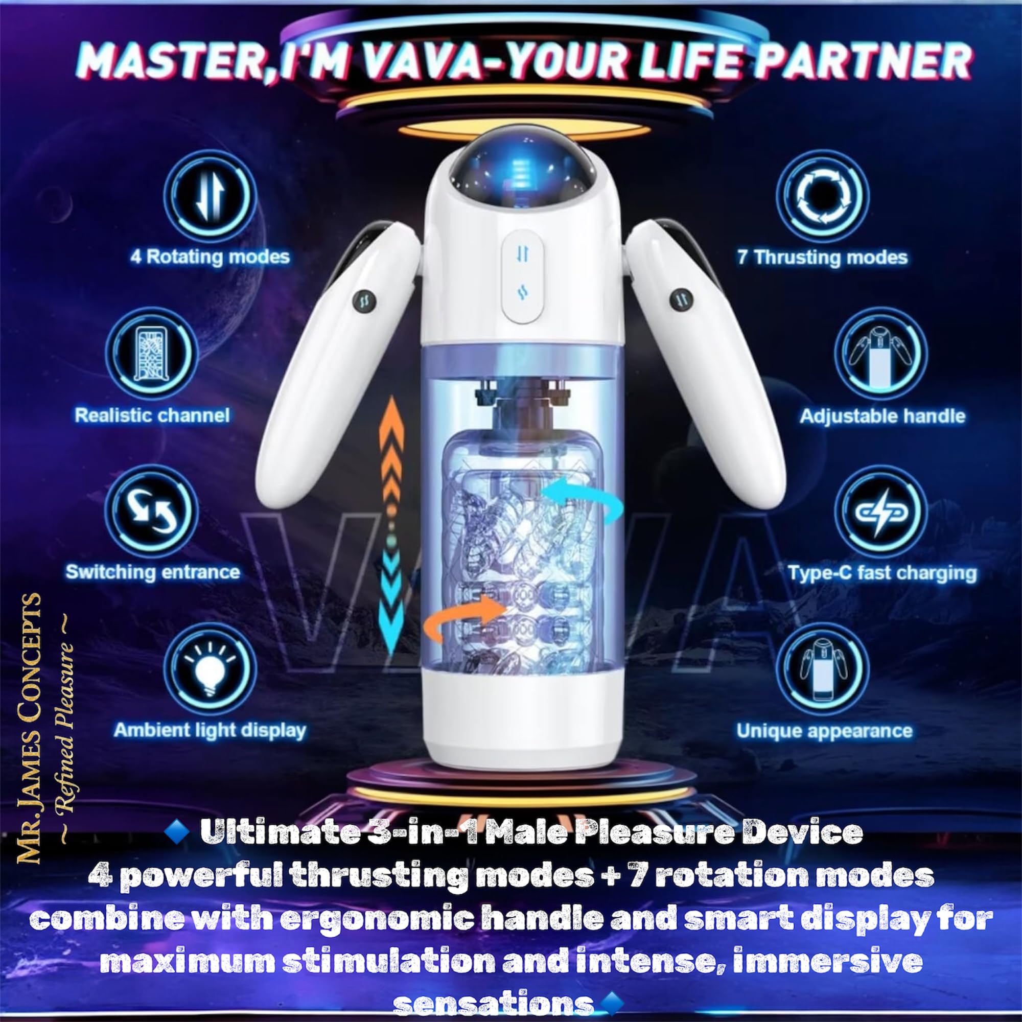 Mr. James Concepts – Thrust & Rotate – Next – Gen automatico Masturbatore maschile – Dual Entrance – ricaricabile USB – Ce – 7 LED modalità