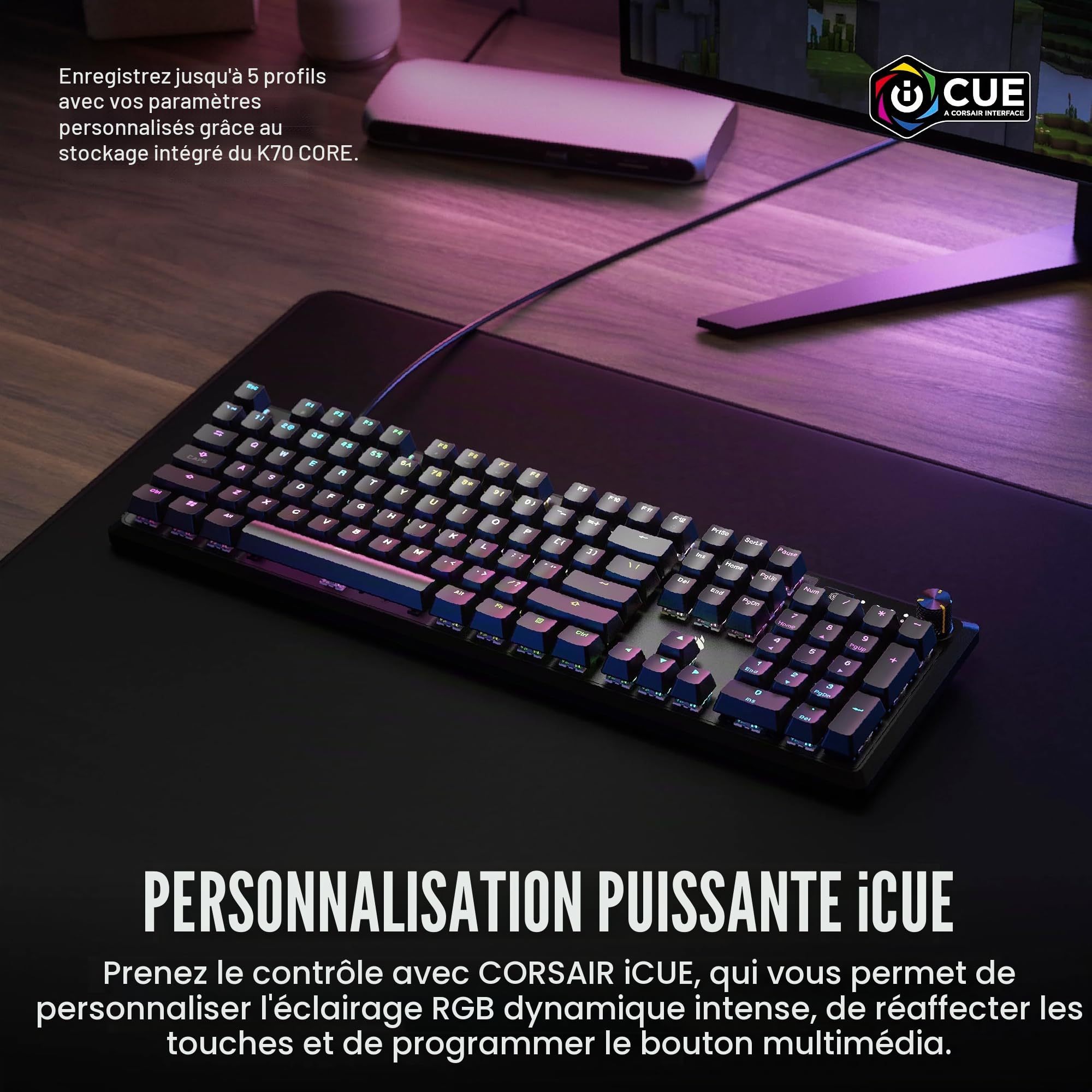 Corsair K70 CORE RGB Clavier de jeu mécanique avec repose-poignets – Commutateurs linéaires MLX rouges pré-lubrifiés – Amortissement du son – Cadran de contrôle multimédia – Compatible iCUE –