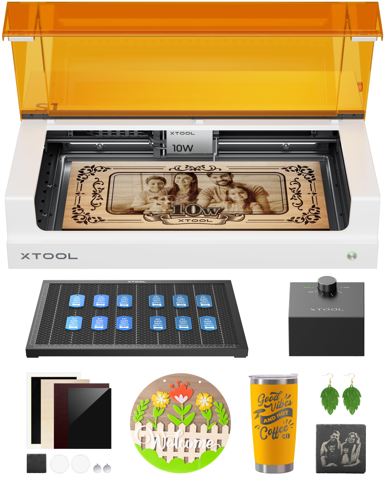 xTool S1 Laser Engraver and Cutter Machine with Air Assist & Honeycomb, 23.93" x 15.16" Bed Size, Beginner-friendly, Class 1 Safety Laser Engravering Machine for Wood and Metal, Acrylic - Basic Bundle
