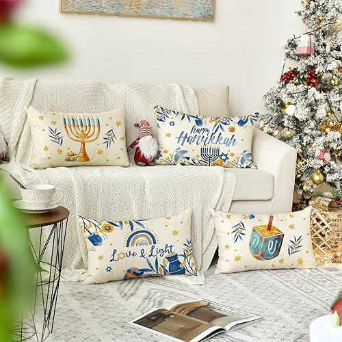 Miniatura 9 de AVOIN colorlife Happy Hanukkah Menorah Dreidel - Juego de 4 fundas de almohada de 16 x 16 pulgadas, fundas de cojín ligeras y navideñas para sofá