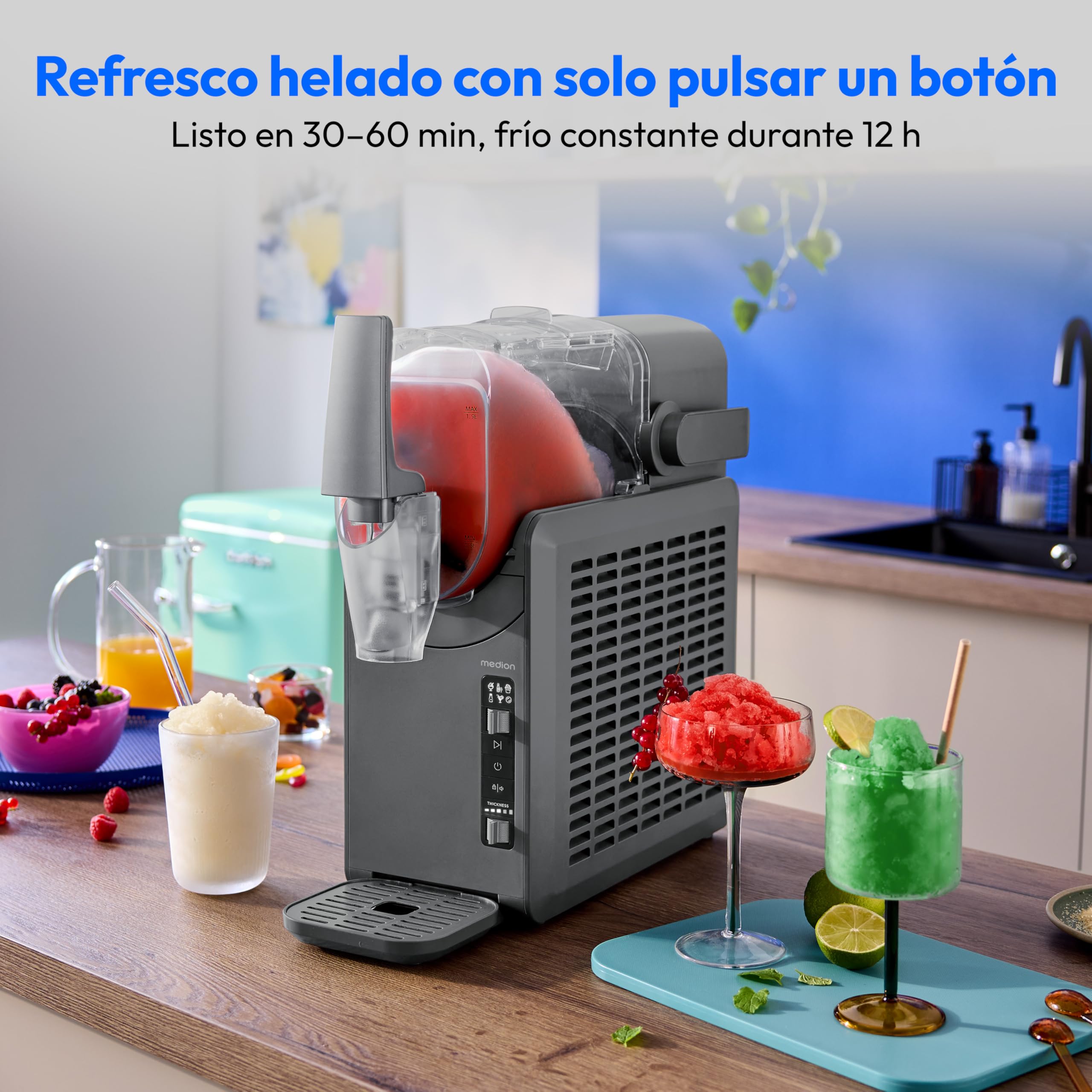 MEDION Máquina de granizados (capacidad de 2,6 L, depósito de 1,9 L, slush maker para bebidas, 5 modos, 30–60 min de preparación, con compresor), MD12090, plata