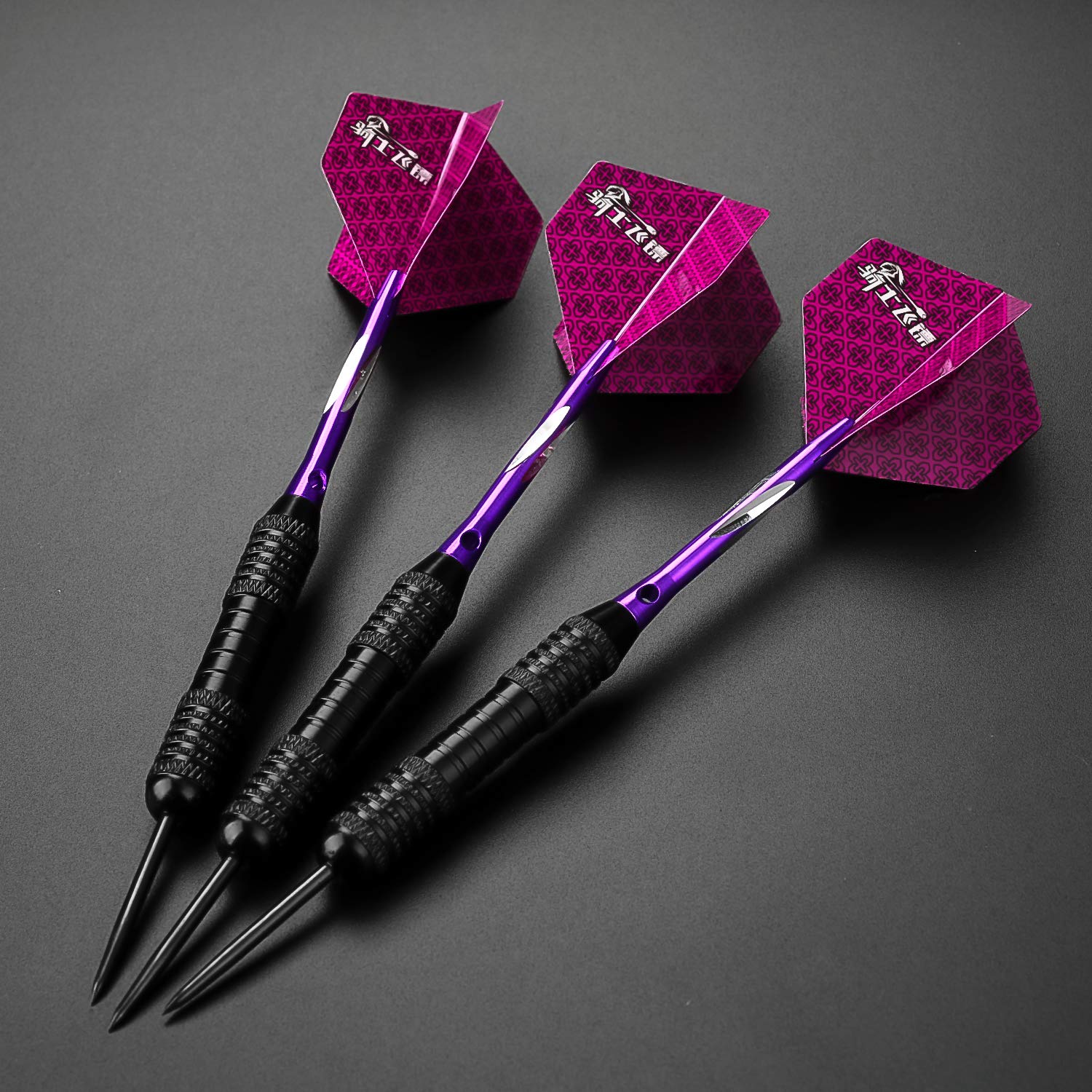 Jeu De Fléchettes 22 G – Pointes Acier, Corps Argenté, Tiges Violettes, Avec étui Rigide Et Tout L'accessoire
