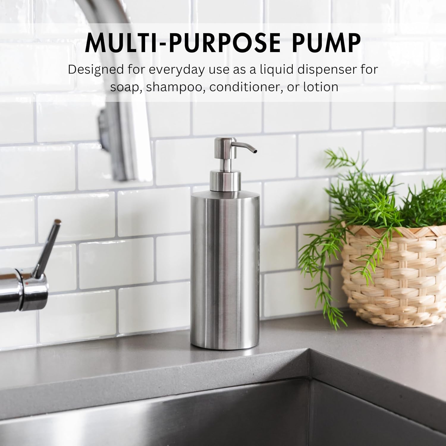 Silver Soap Dispenser for Kitchen & Bathroom – 15 oz Refillable Resin Pump Bottle for Dish Soap, Hand Soap, Shampoo, Conditioner – Modern Countertop Dispenser with Non-Slip Protective Pads - Image 2