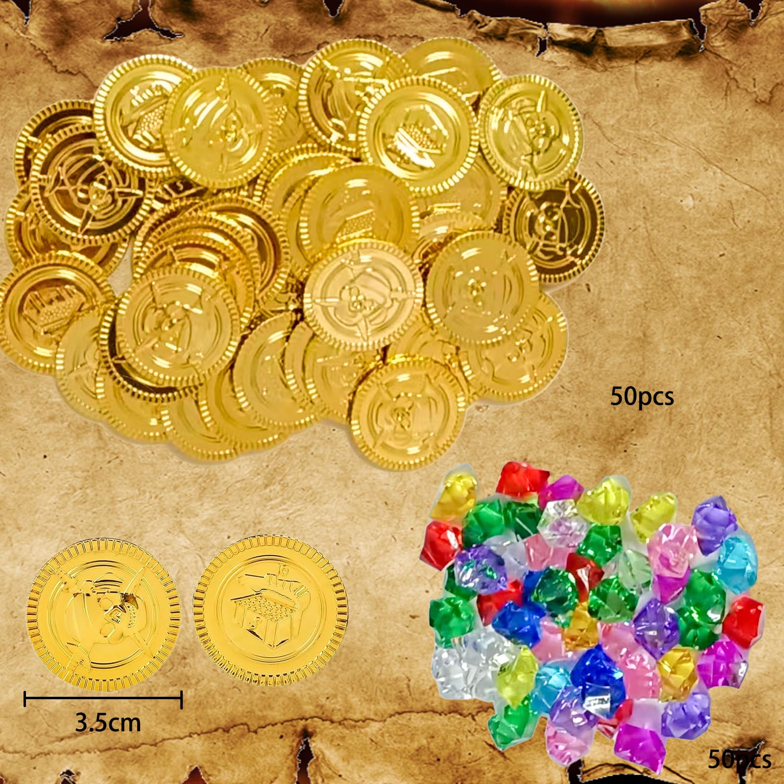Zestaw 100 złotych monet skarbów pirackich (50 złotych talarów dla dzieci i 50 pirackich kamieni szlachetnych), skarb piracki dla dzieci, upominki na imprezę piracką, poszukiwanie skarbów na