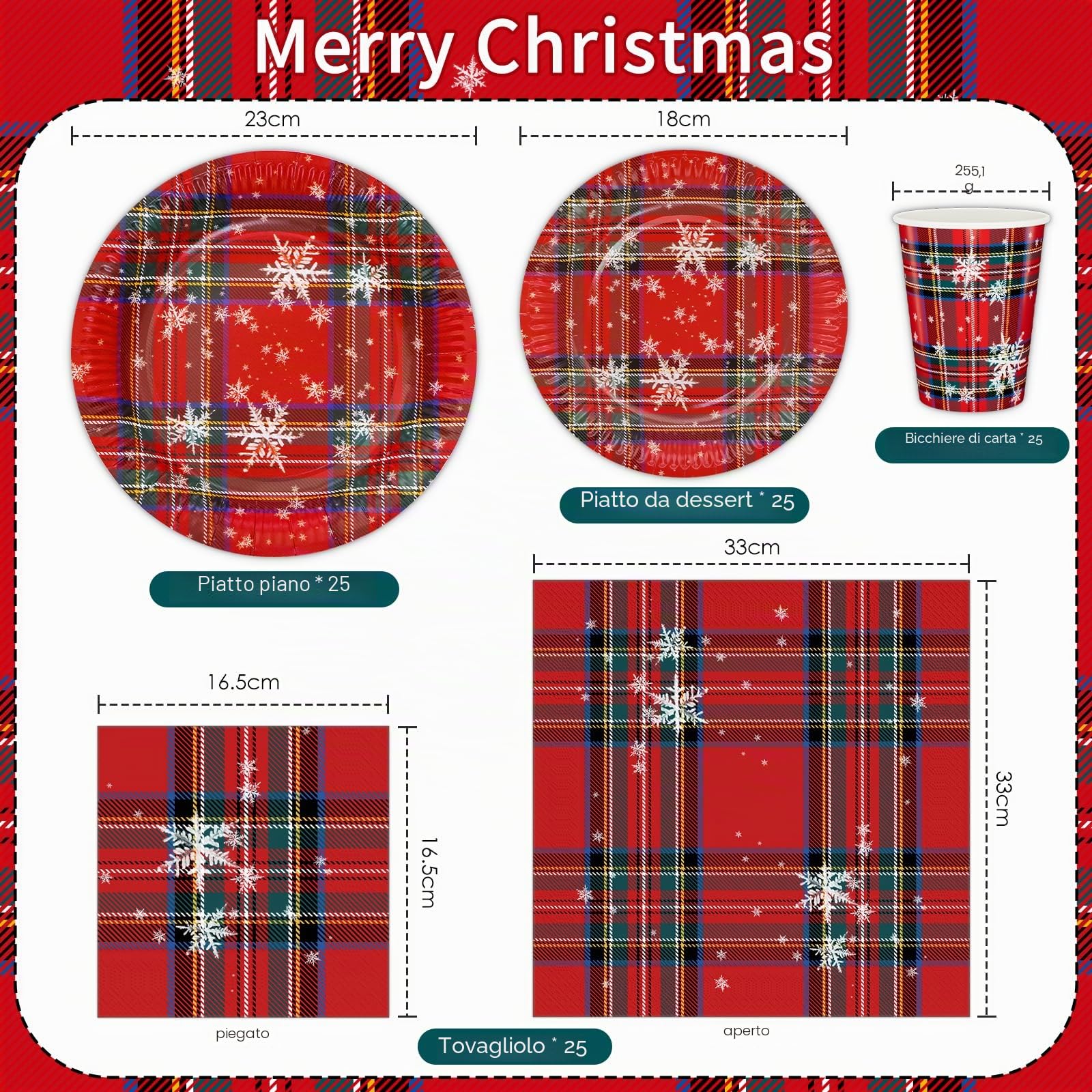 HNH Piatti, Tovaglioli e Bicchieri di carta Natale Rosso scozzese 100 pezzi Piatti di carta da dessert usa e getta Set di Stoviglie monouso per feste