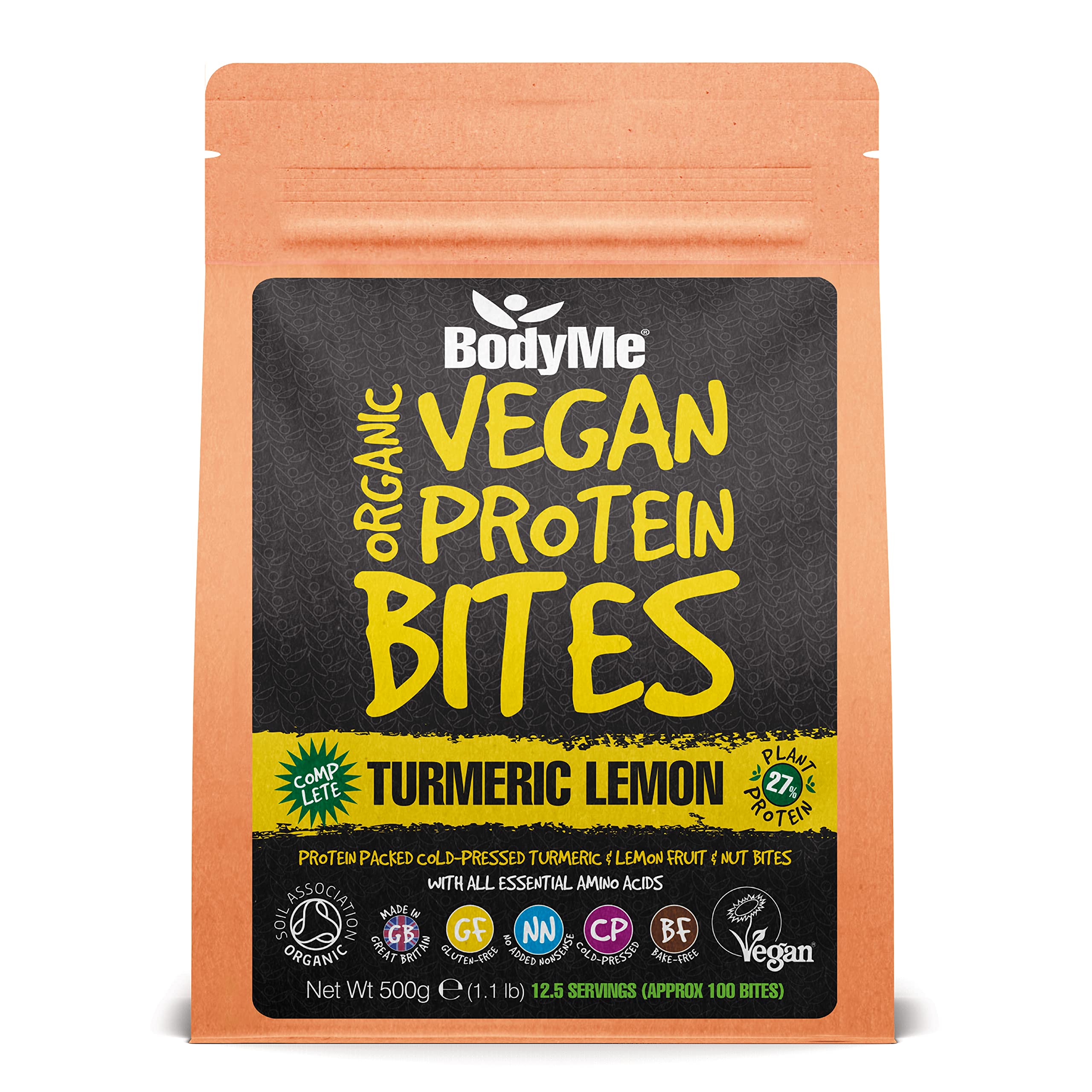 BodyMeOrganic Vegan Protein Bites – Raw Turmeric and Lemon - 100% Plant-Based, No Added Sugar – Gluten-Free, Dairy-Free-On-The-Go High Protein Snack- 10g Protein Per Serving (500g - 12.5 Servings)EU Organic