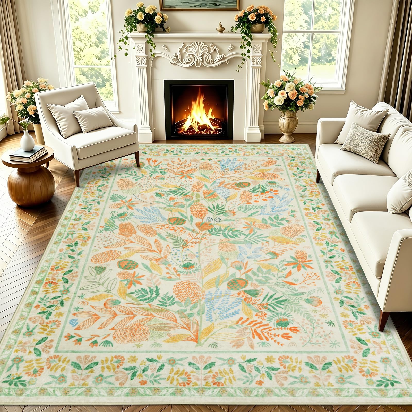 Famibay Waschbarer Teppich 160x230cm Teppich Wohnzimmer Kurzflor Teppiche Schlafzimmer Bunt Botanical rutschfest Weich Rugs for Living Room Carpet für Wohnzimmer Schlafzimmer Esszimmer