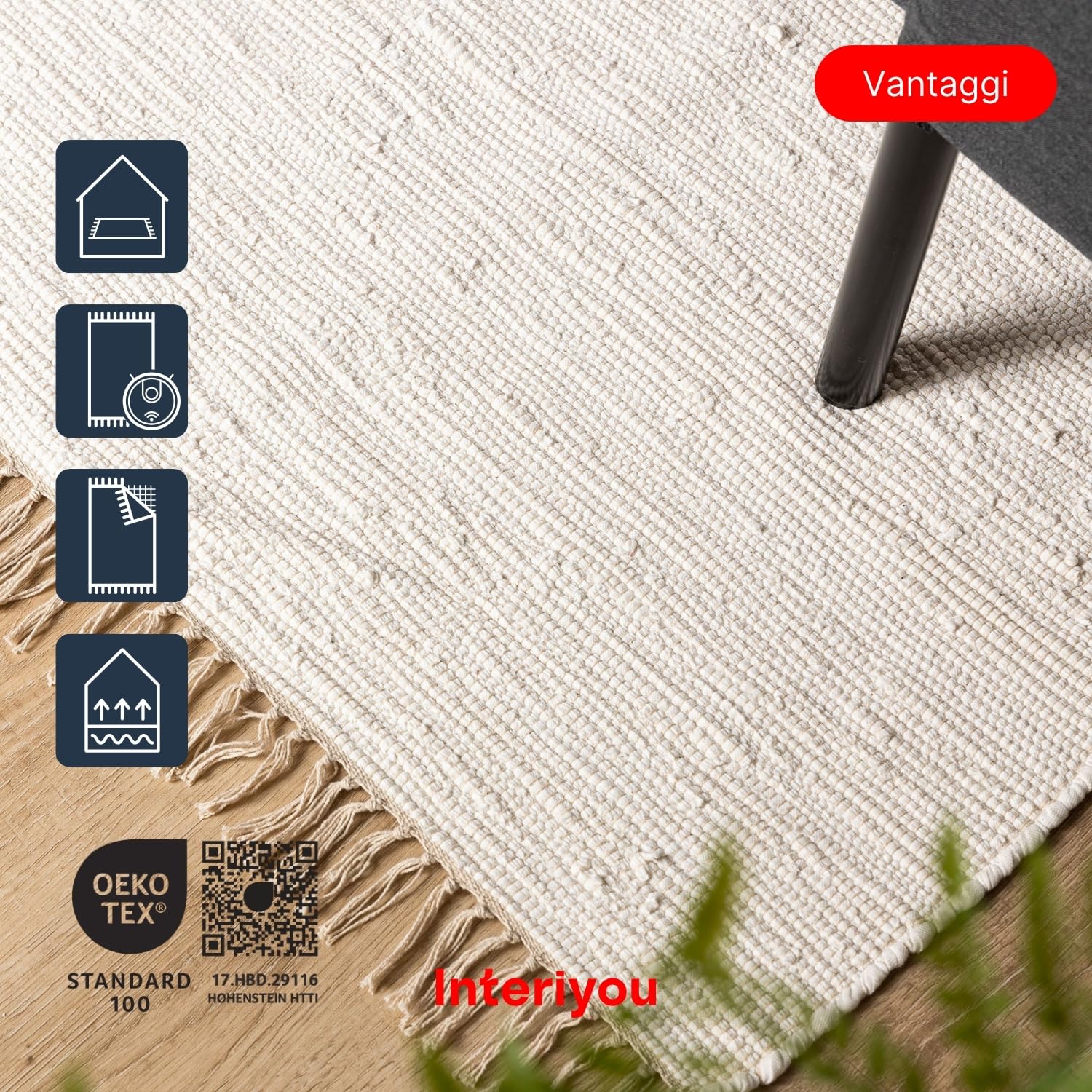 Interiyou Tappeto cotone Toledo - 70x200 cm Bianco - Tessuto artigianale con frange per salotto, camera, stanza bambini, pranzo, cucina o corridoio