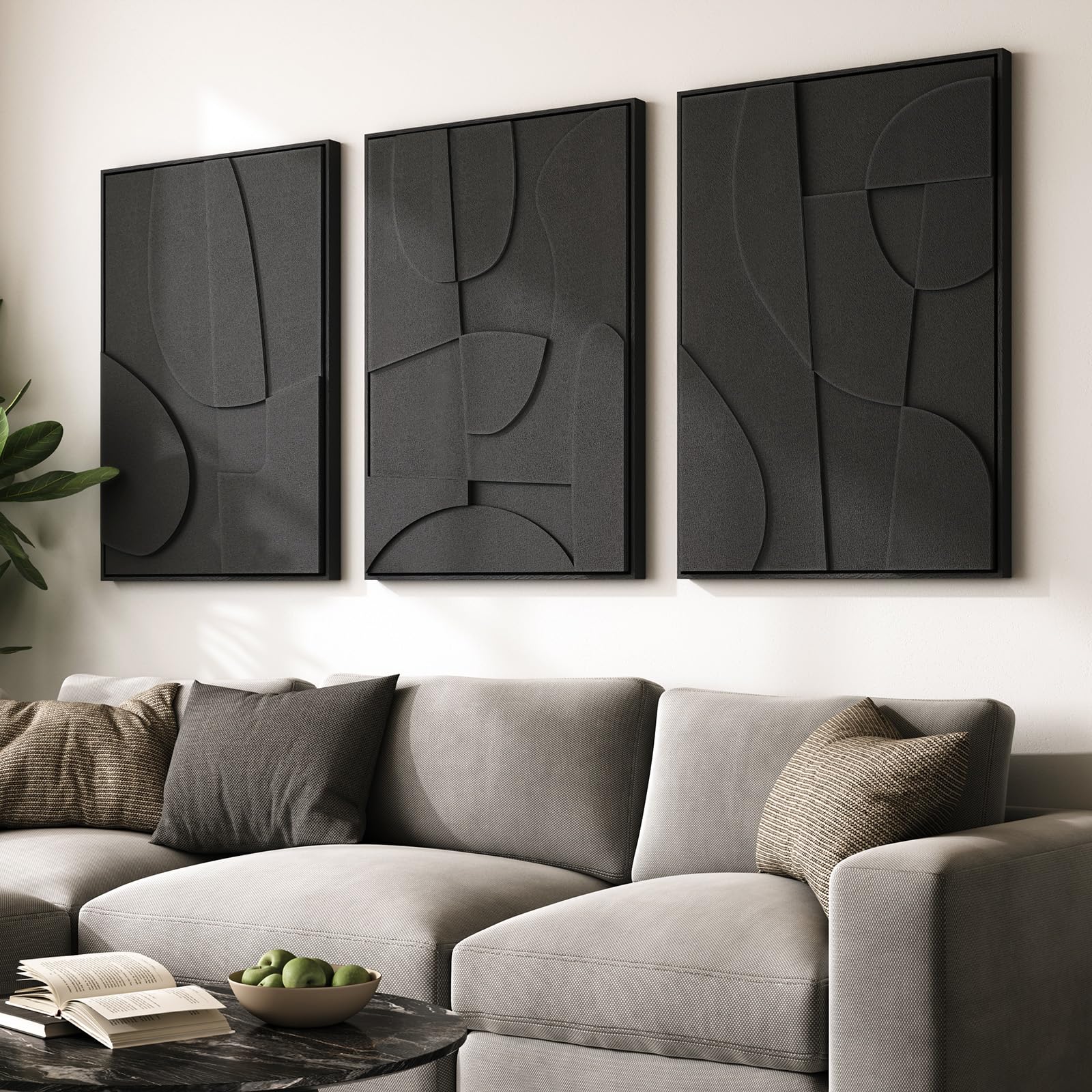 Large 3D Textured Framed Abstract Wall Art for Living Room, 3 Piece Modern Paintings Artwork for Walls, Black White Brown Geometric Sandstone Texture Pictures for Hallway Office Home Decor 24x36 In — view 37