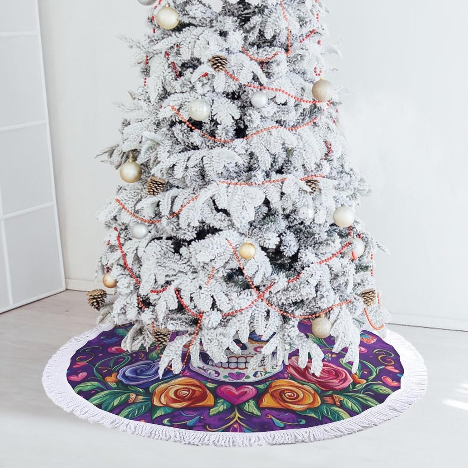 Butterfly Skull Christmas Tree Skirt Round Xmas Tree Mat Ornaments Tree Skirts with Tassels for Holiday Party