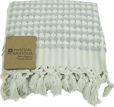 mysticalanatolia 100% Organic Turkish Cotton Hand Towel 20x35 Lightweight Quick Dry Absorbent Soft Decorative Bathroom Kitchen Travel Gym Pompom Grey