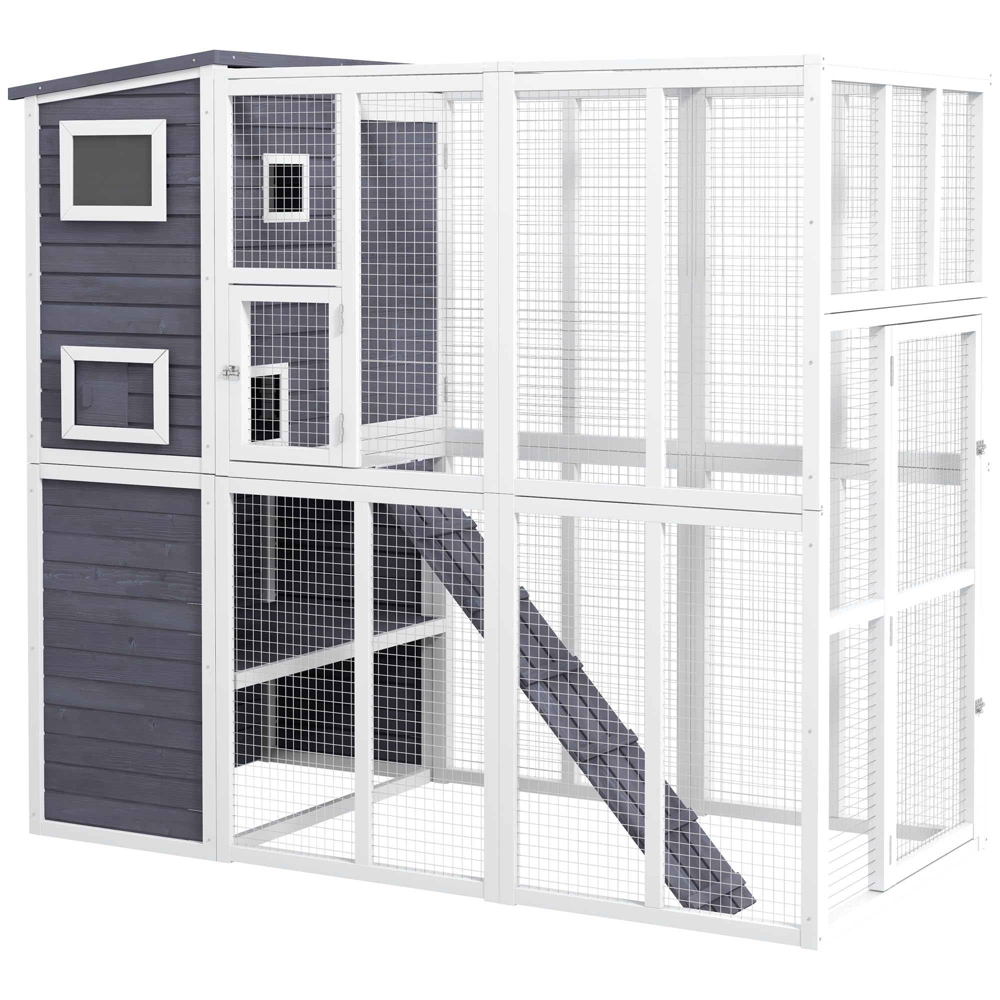PawHut Catio Outdoor Cat Enclosure, Wooden Patio Cat Window Box with Platforms, Waterproof Asphalt Roof, Ramps, 77" L, Light Gray