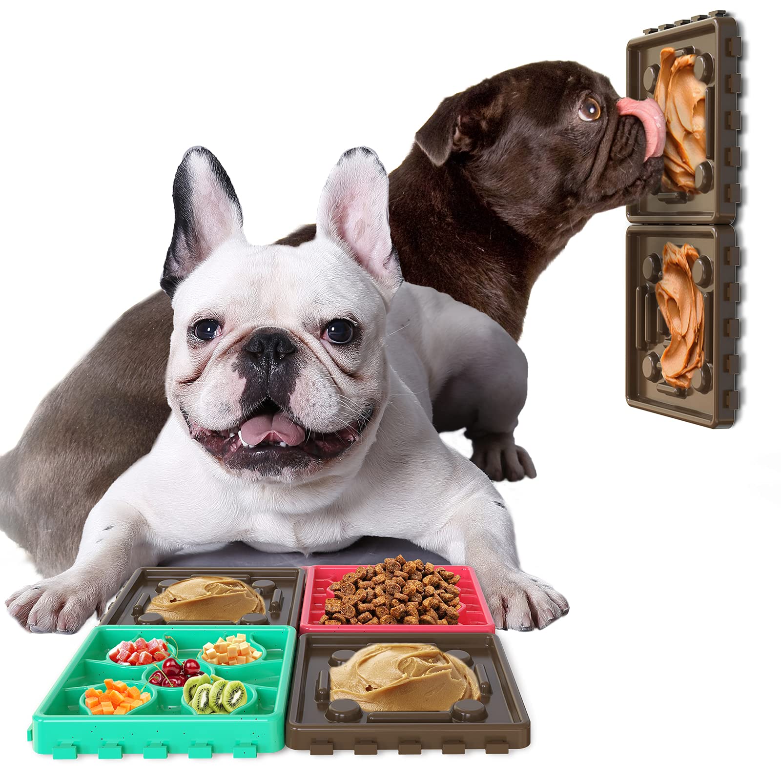 4PCS Dog Lick Mat Peanut Butter Licking Plate Slow Feeding Dog Bowl Can be Assembled or Disassembled Can be Used Mmultiple Dogs at The Same Time (Chocolate)