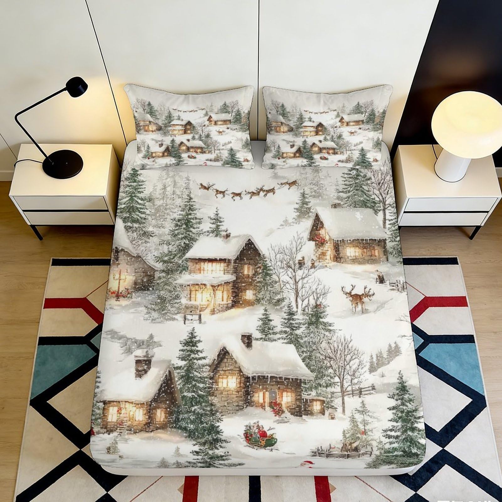 3D Printed Winter Cabin Fitted Sheet Microfiber Snow Village Mattress Cover for Bedroom Guest Room Decor 90x200x25cm