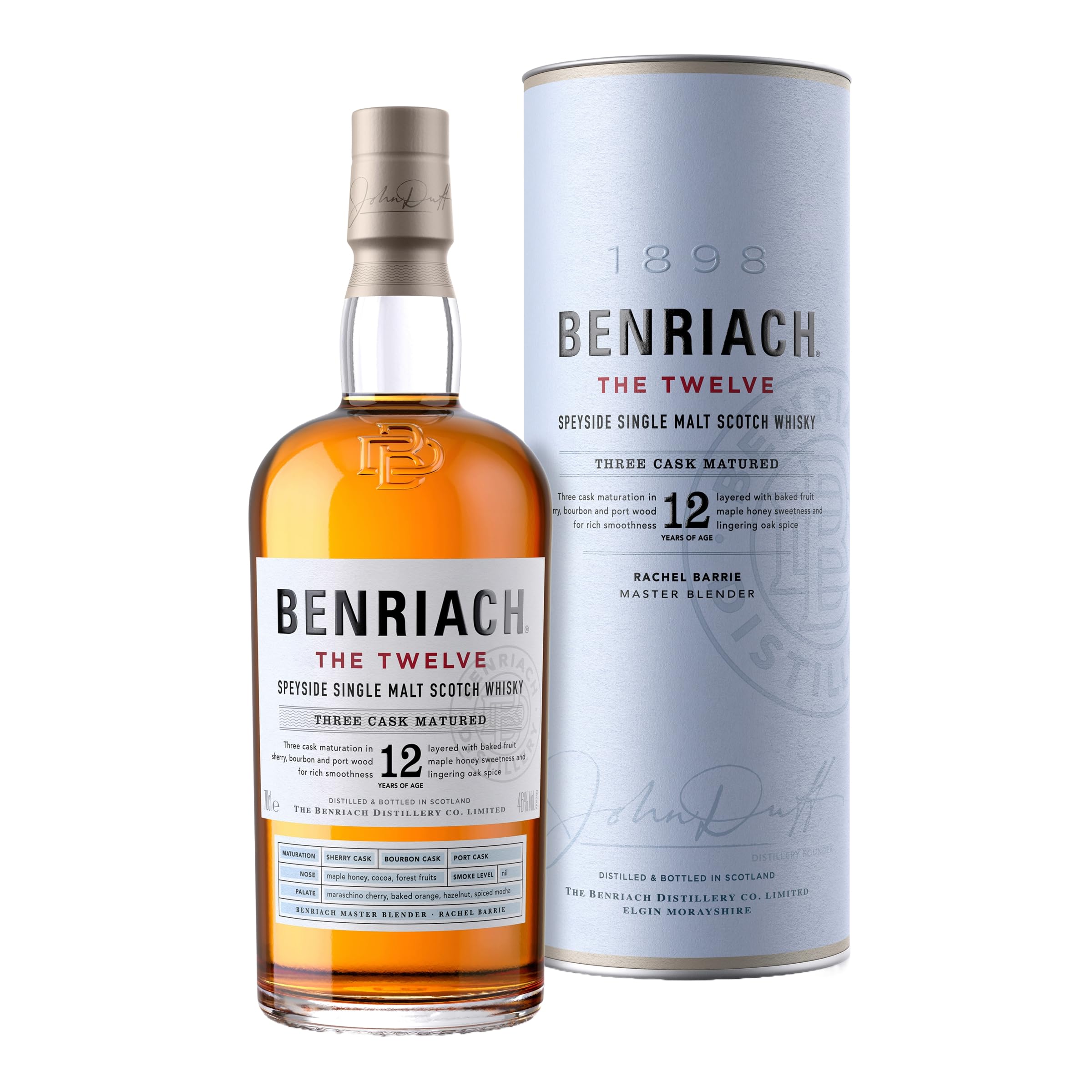 BENRIACH 12 Jahre - Single Malt Whisky - Inklusive Geschenkverpackung - Ein Mix aus Maraschino-Kirsche, gebackene Orange und Haselnuss - 0.7L/46% Vol.