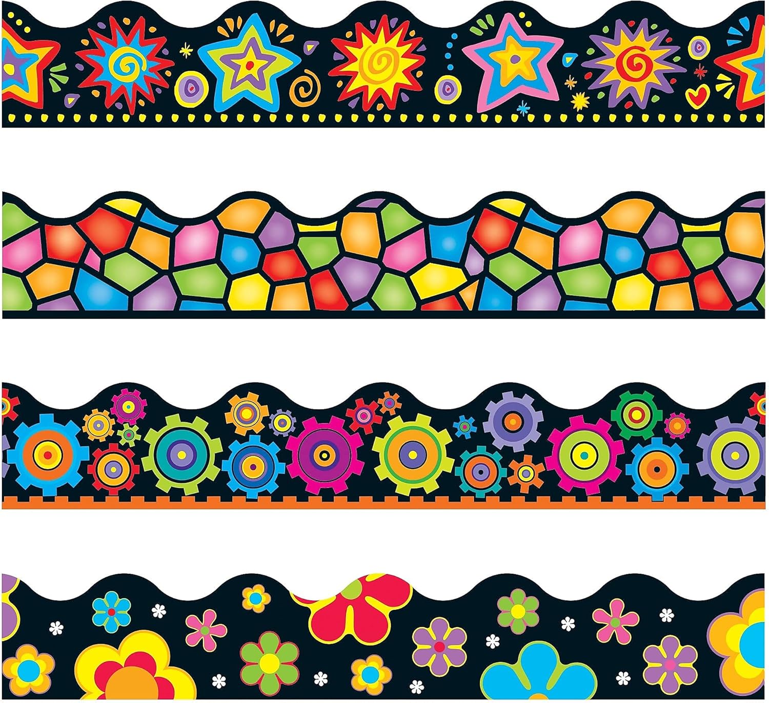Trend Enterprises TREND Terrific Trimmers Border Variety Set, 2.25" X 39", Bright On Black, Assorted Colors/Designs, 48/Set