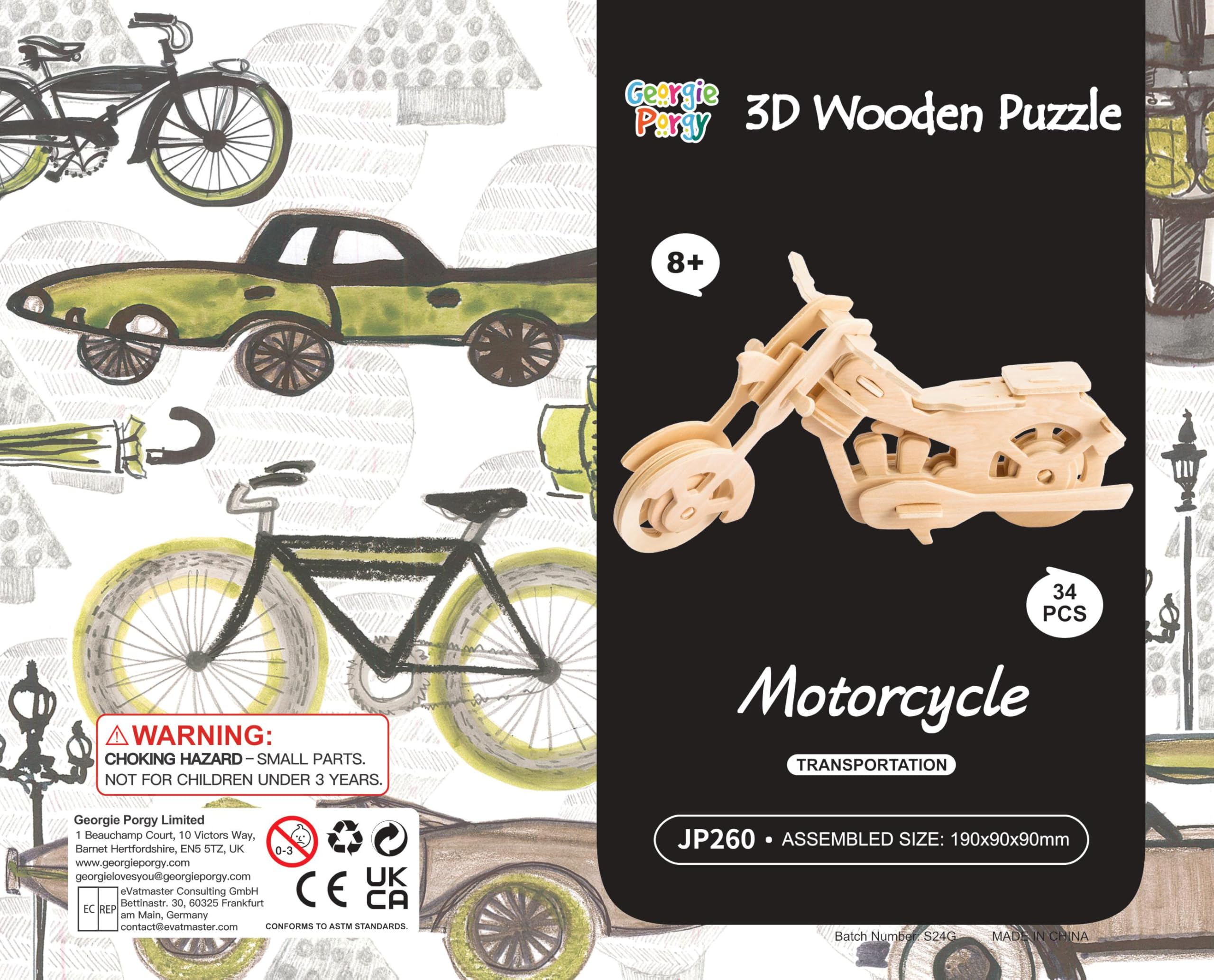 Georgie Porgy 3D Wooden Puzzle Motorbike Model Woodcraft Construction kit Kids Toys age 5+ (JP260 Moterbike 34pcs) - Image 4