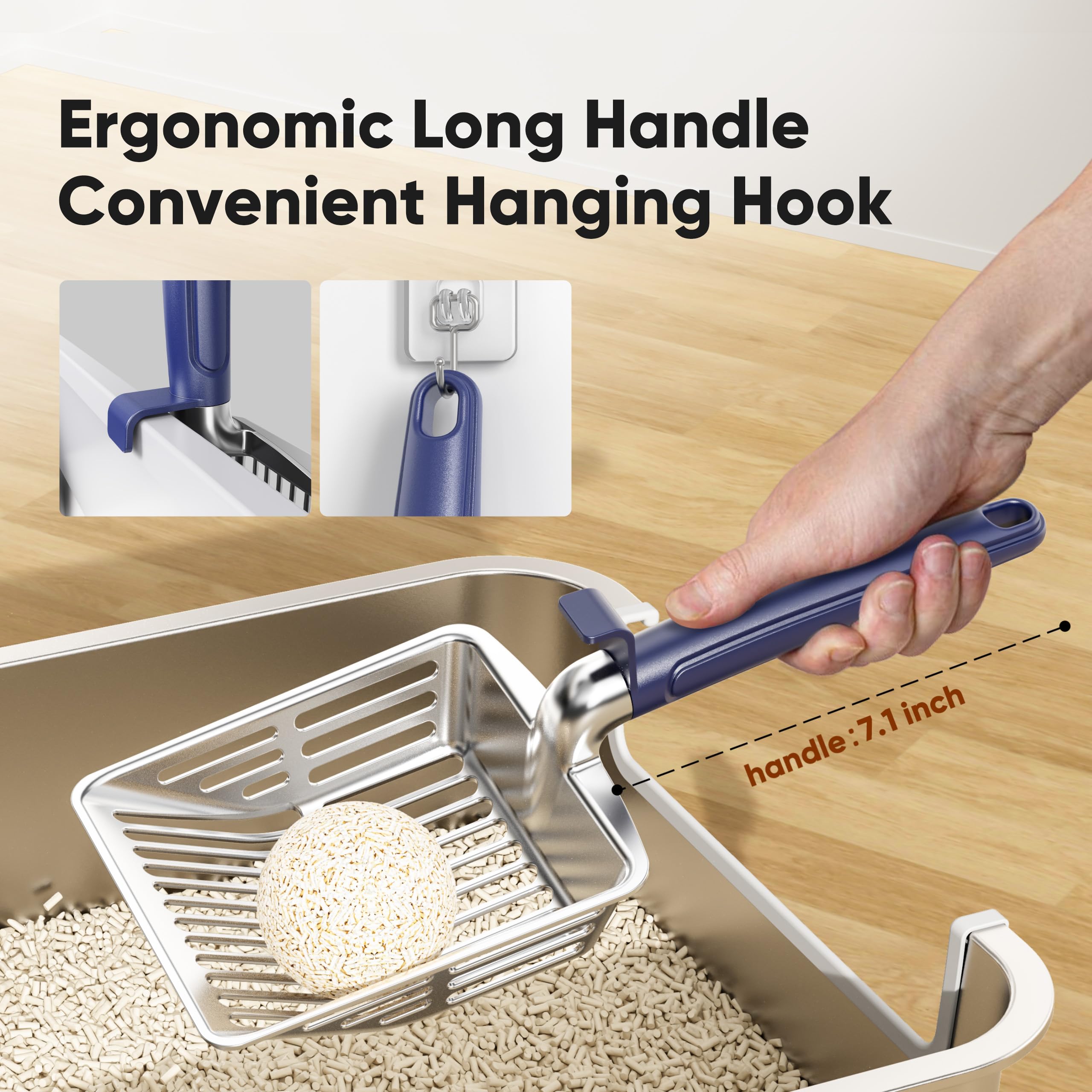KooMooM Metal Cat Litter Scoop, Large Cat Scooper with Deep Shovel & Dual Sifting Holes for Fast & Precise Sifting, Space Aluminum Kitty Litter Scooper with Long Handle & Easy-to-Hang Hook - Blue - image 6