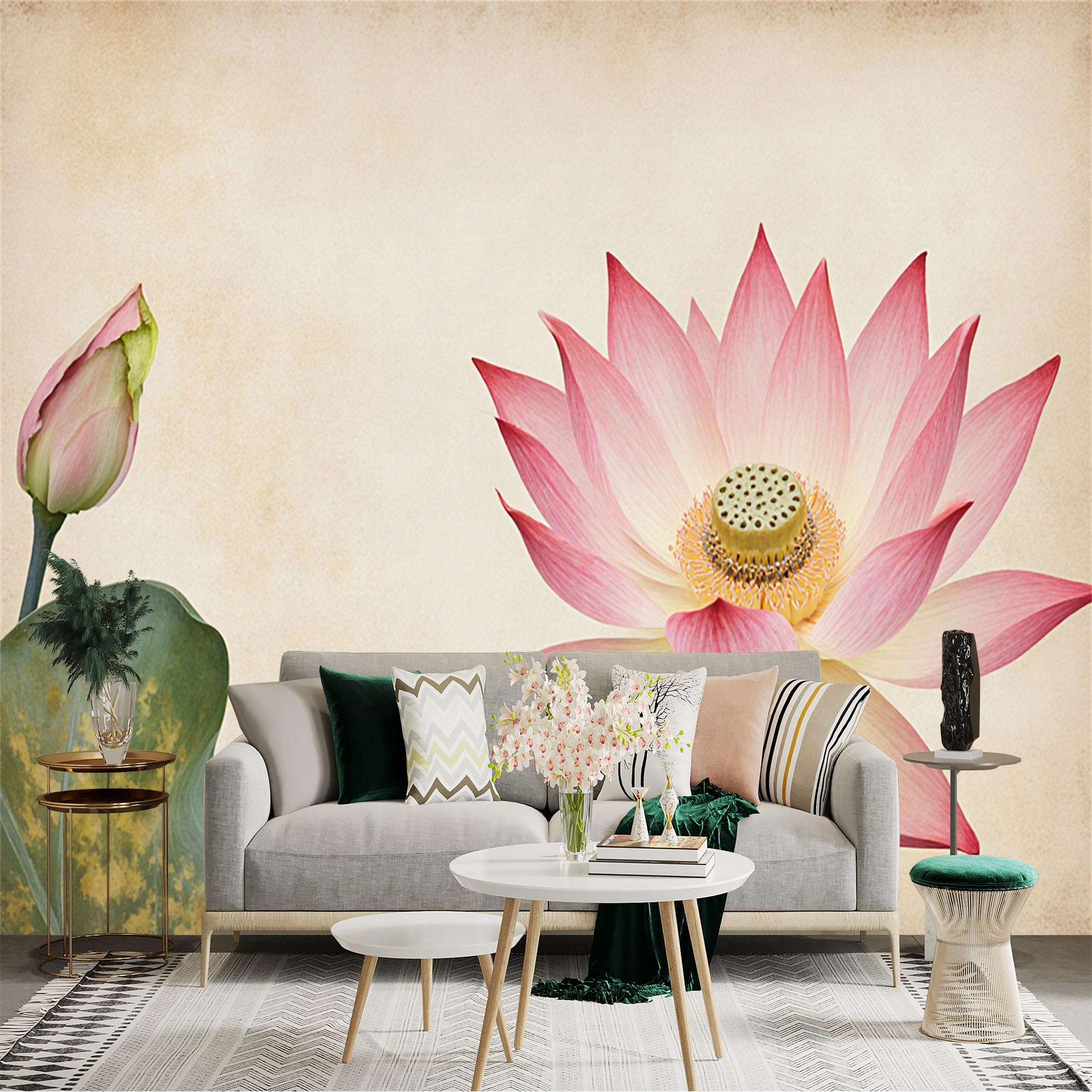 Custom Size Wall Sticker Mural， Elegant Pink Lotus Flower， Vintage Paper Background， Zen Botanical Art， for wall Decoration， peelandstick wall Decals.