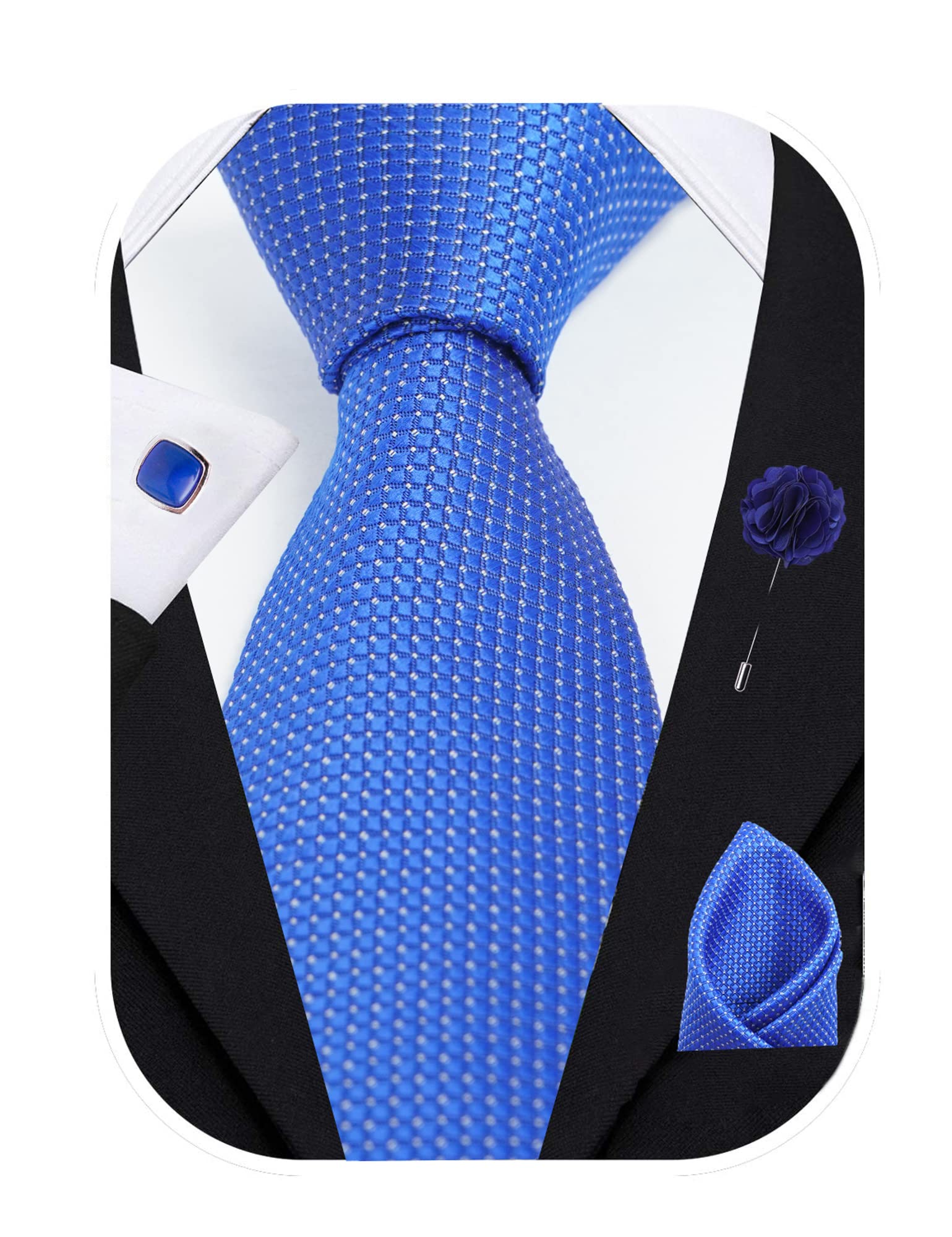 RIZORO Tie for Men – Dotted Silk Neck Ties Set with Cufflinks Flower Pin, Pocket Square & Black Gift Box, Combo Necktie Sets for Office Wear, Formal Suits & Weddings (Royal Blue, A10RXRX) 1