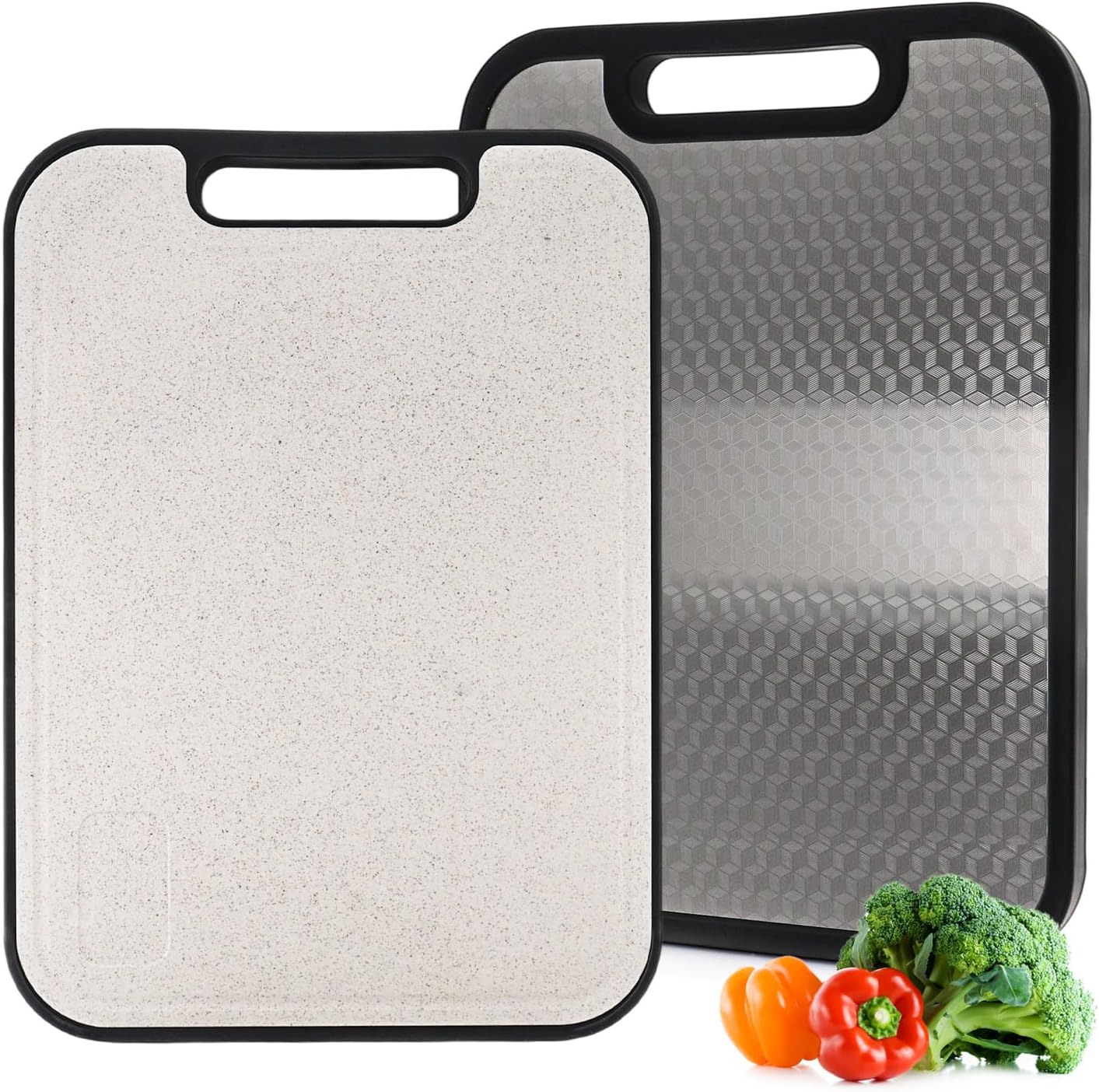 Double Sided Cutting Board 10x14 Inch - Reversible Stainless Steel & PP Plastic Chopping Board, Non-Slip Dishwasher Safe, for Meat, Vegetables, Fruits with Juice Groove
