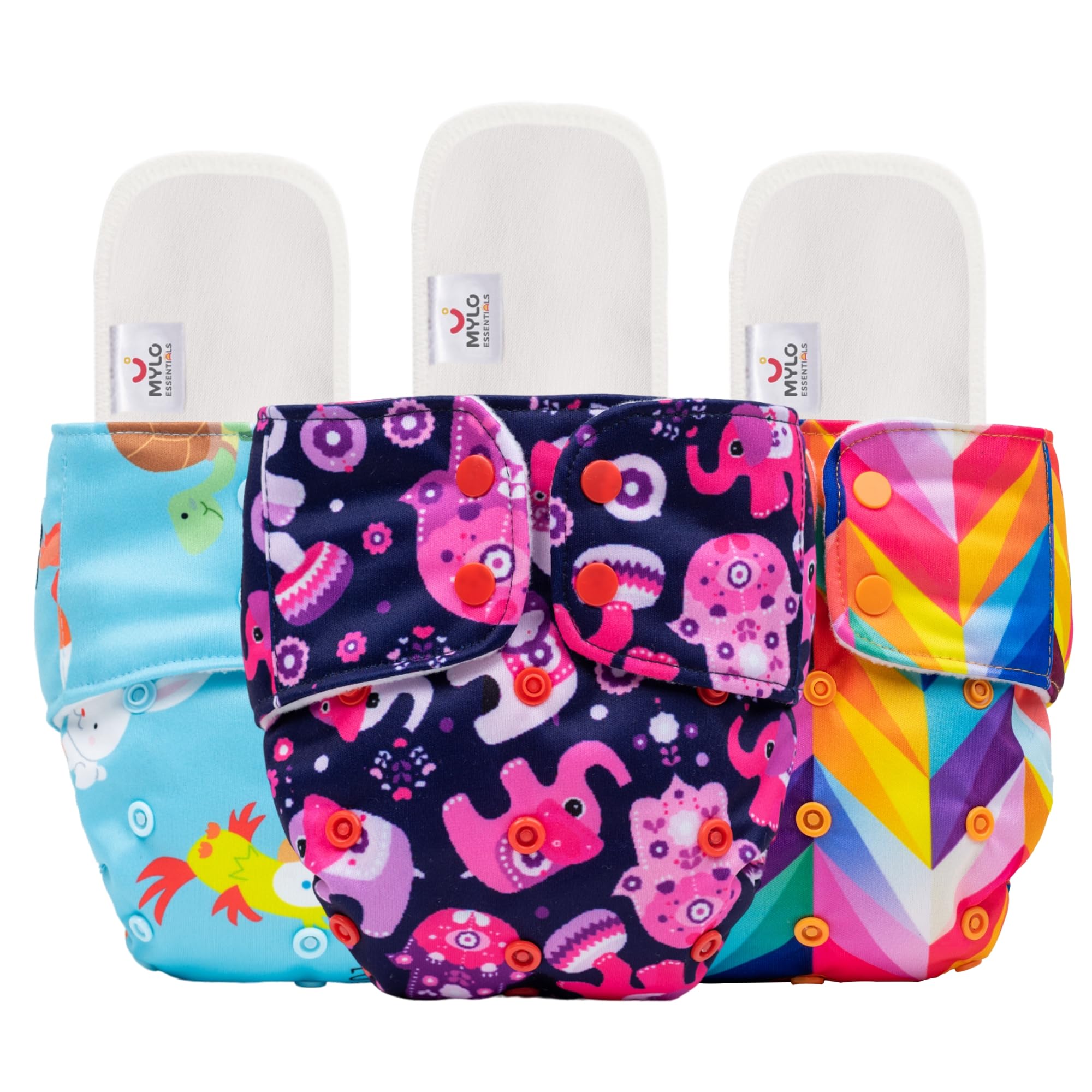 Mylo Leak-Proof Baby Cloth Diaper Combo (3 Diapers + 3 Inserts) | Free Size (3M-3Y) | High Absorption | Quick Dry | Oeko-Tex Certified | Washable - Rainbow, Purple Love & Pet Love-image-6