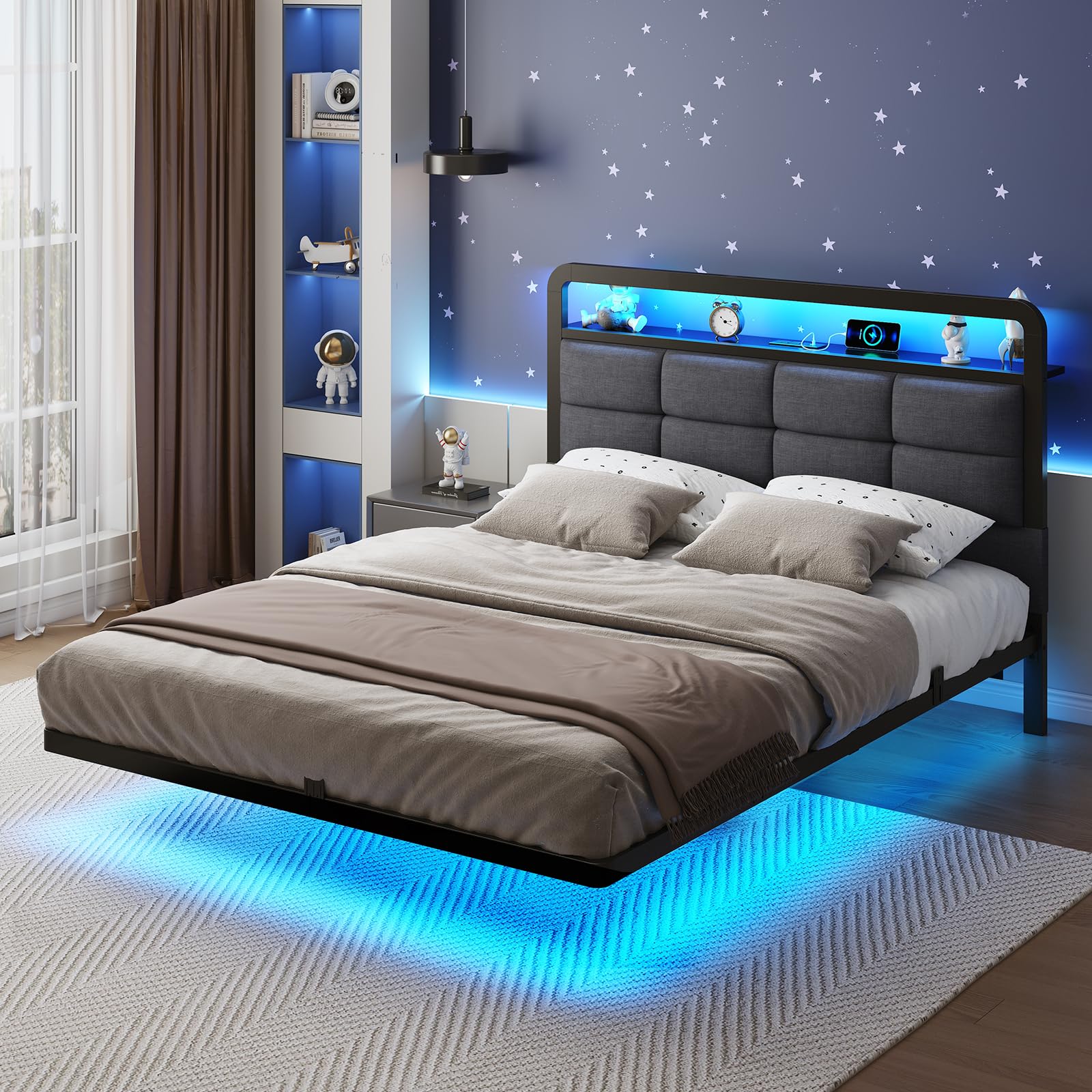 Brinlawb Full Floating Bed Frame with Charging Station and LED Lights, Upholstered Headboard with Storage, Full Size Metal Bed Frame with Heavy Duty Steel Slats, No Box Spring Needed, Easy Assembly: Black & Grey Full