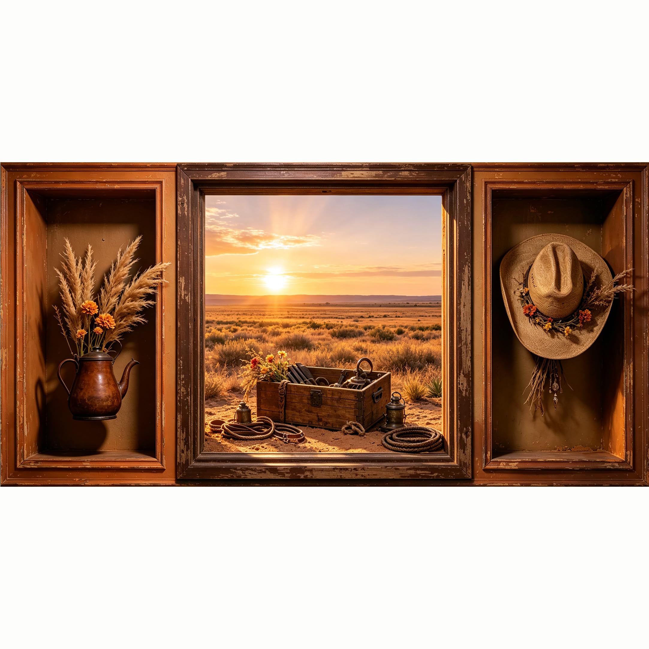 QZLITHOTIC 50x100cm 3D Framed Wall Art， Western Desert Sunset Cowboy Hat Self‑Adhesive Mural， Water‑Activated Peel & Stick Fabric Decor Wall Decal for Bedroom Living Room
