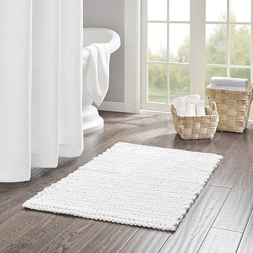 Madison Park Lasso - Alfombra de baño de felpilla 100 % algodón, antideslizante, absorbente, de secado rápido, 24 x 40 pulgadas, color blanco
