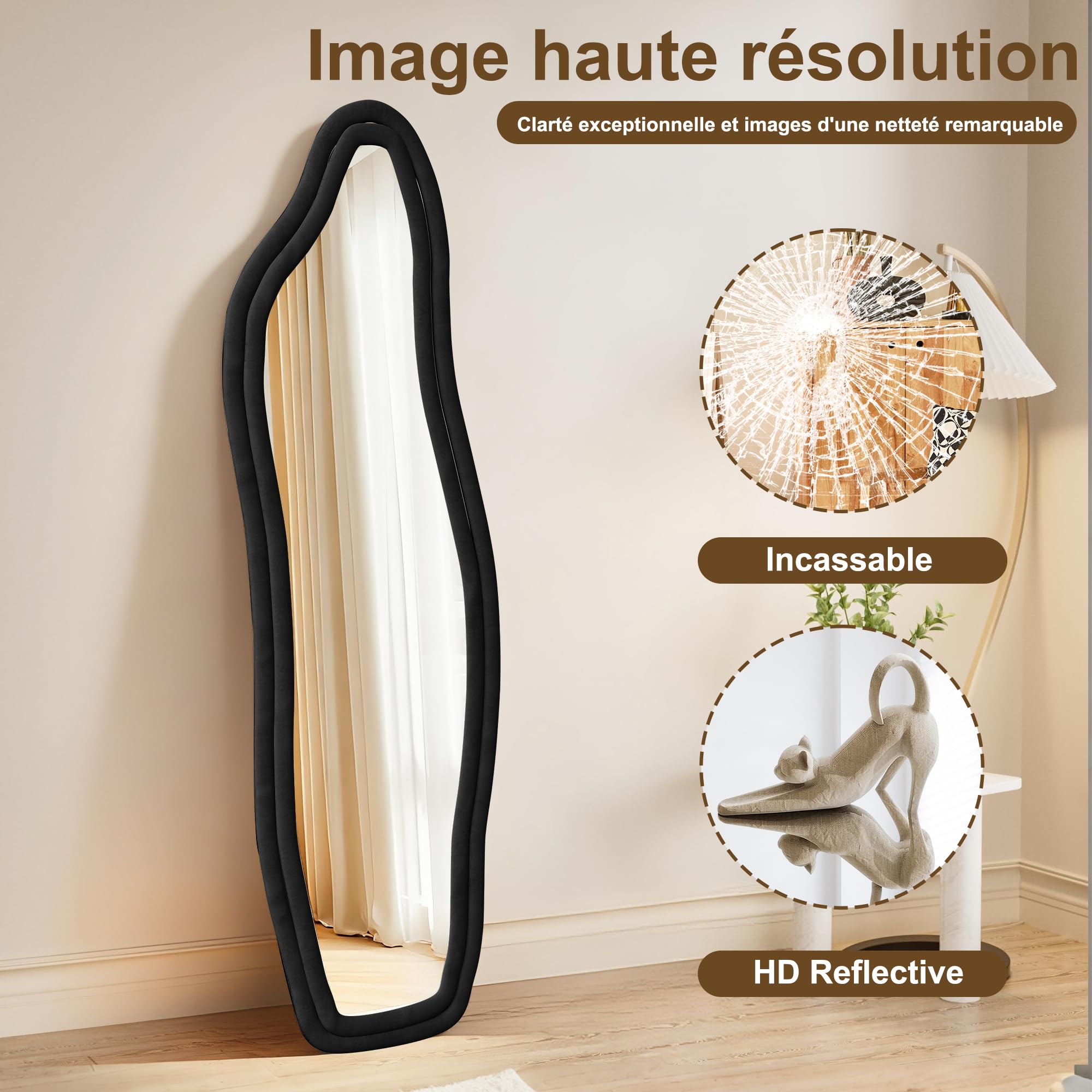 Grand Miroir Noir 160x50 cm, Miroir sur Pied au Mural ou à Suspendre, Miroirs Organique avec Support en U, Miroirs ondulés Moderne pour Dressing, Salon, Chambre, Couloir