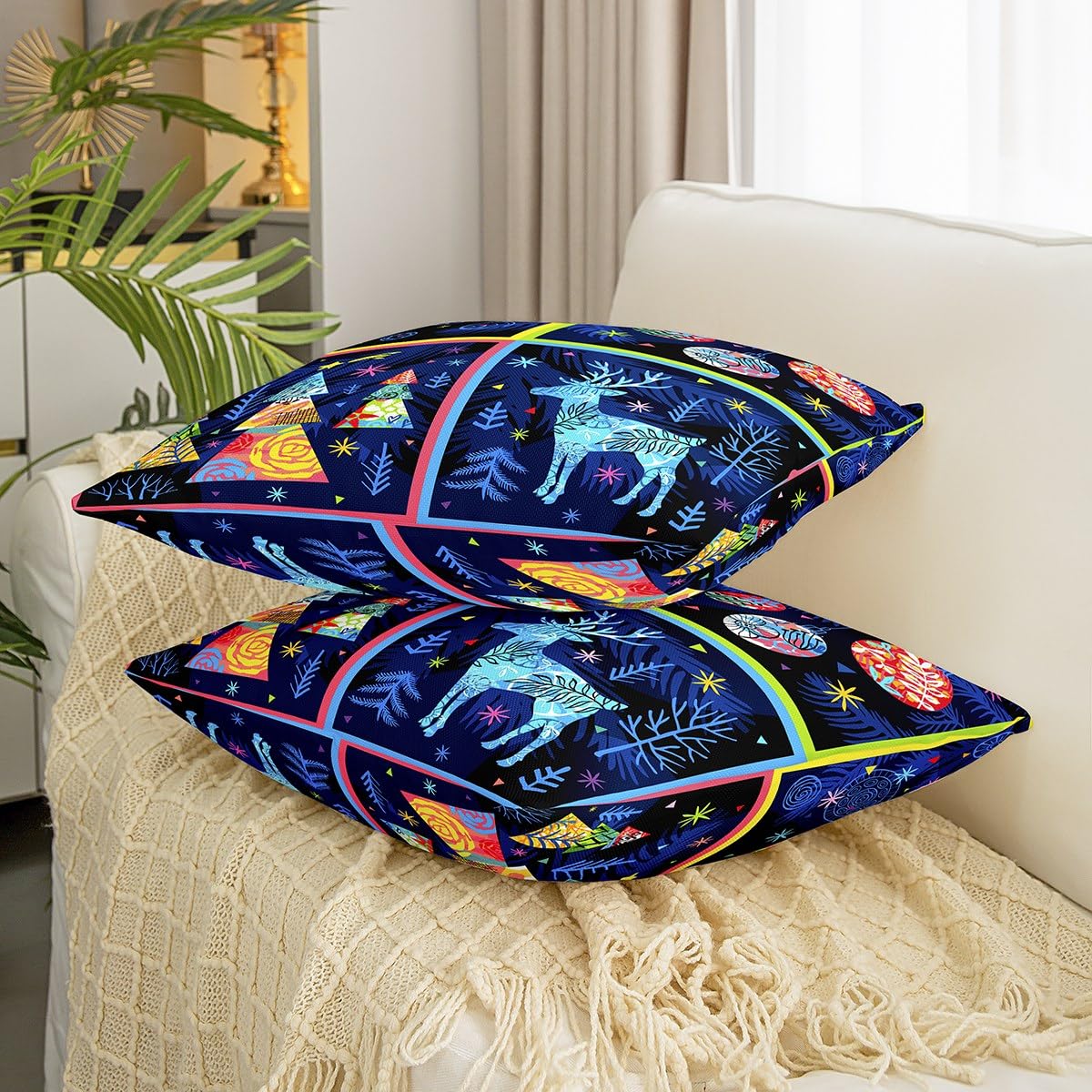 Set di 2 federe natalizie per cuscini da 55 x 55 cm, morbide federe per cuscini natalizi per bambini, motivo a quadri di bufalo blu, per donne e uomini, decorazione per albero Set di 2 federe natalizie per cuscini da 55 x 55 cm, morbide federe per cuscini natalizi per bambini, motivo a quadri di bufalo blu, per donne e uomini, decorazione per albero
