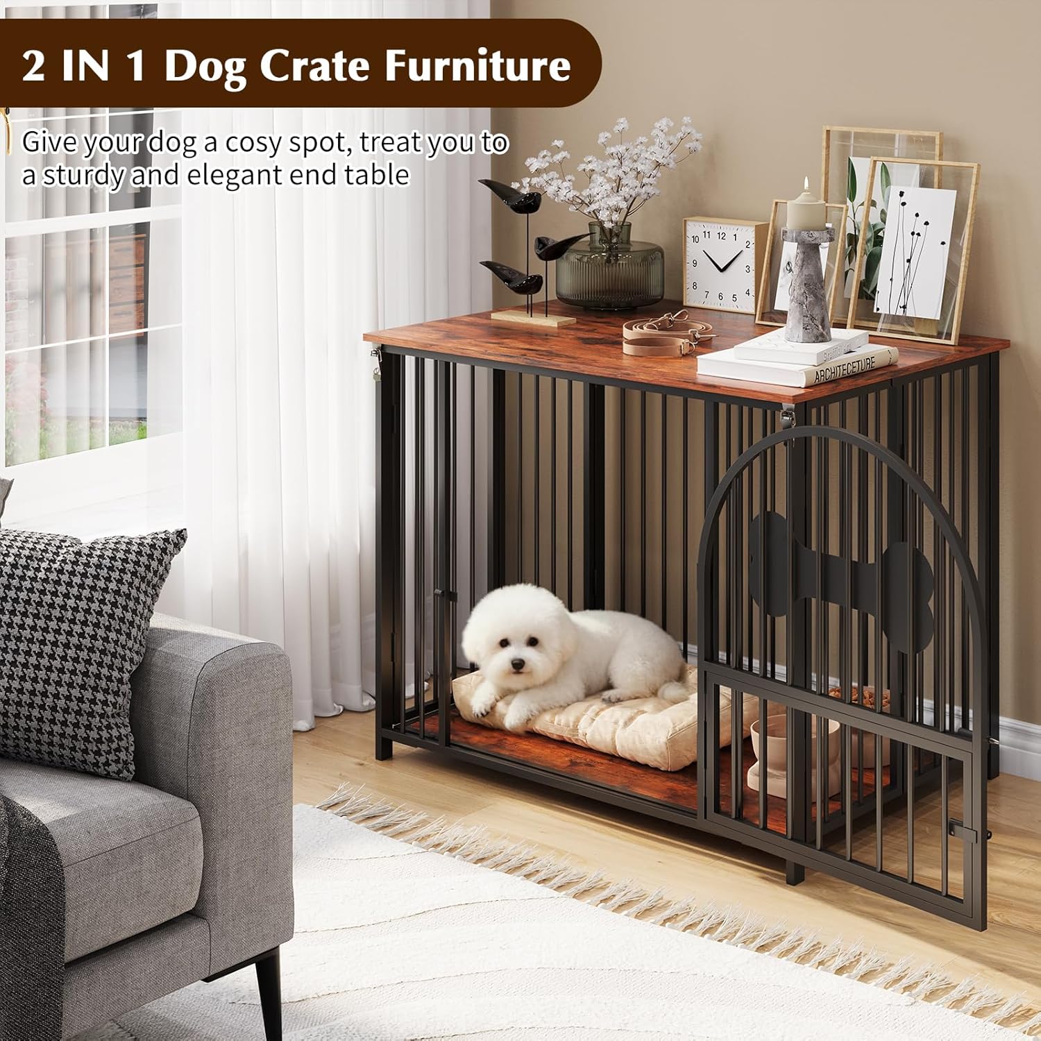 HavenlyYouth 31.5 Inch Dog Crate Furniture, Modern Side End Table Style Dog Cage, Heavy Duty Dog Kennel for Medium Dogs up to 45 lb, Double-Door Cage with Lock Indoor