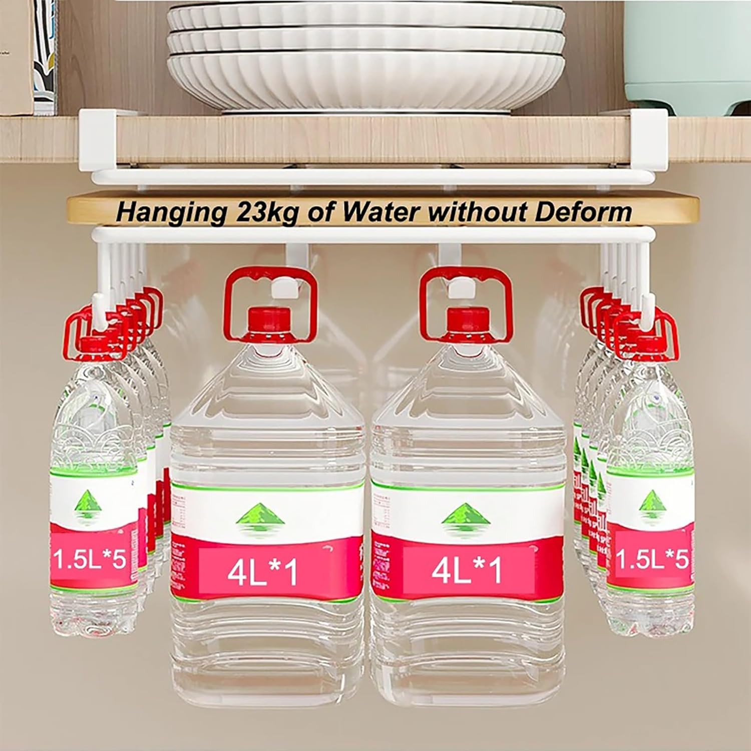 Multi-Functional Kitchen Hanging Organizer, Cutting Board Holder - Mug Holder Under Cabinet, No-Hole Clip-On Shelf Mug Hangers Under Shelf Kitchen Spoons Towels Hanger Organizer(White)