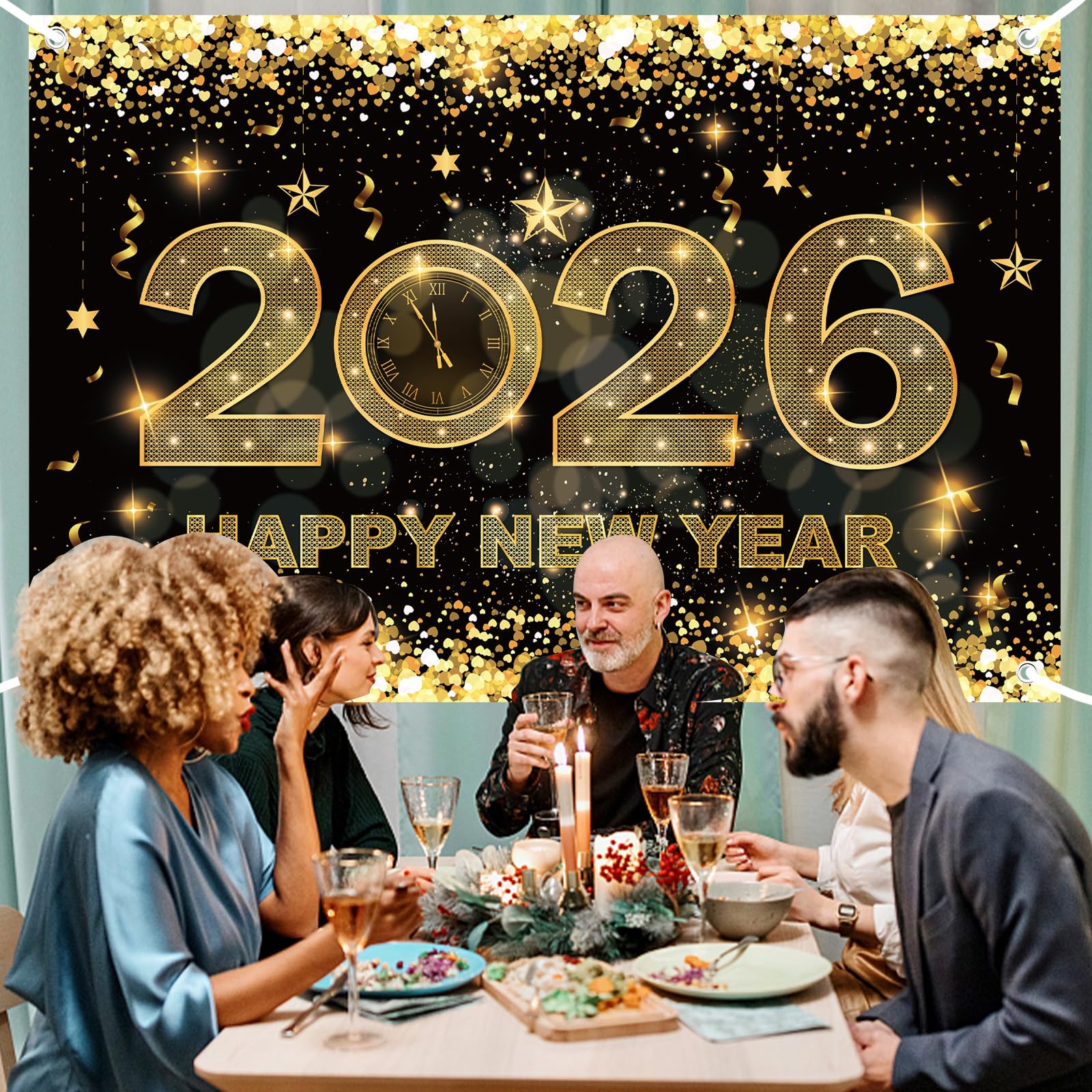 Happy New Year 2023 Banner - 5x3FT Black & Gold Backdrop For Party & Photo Background