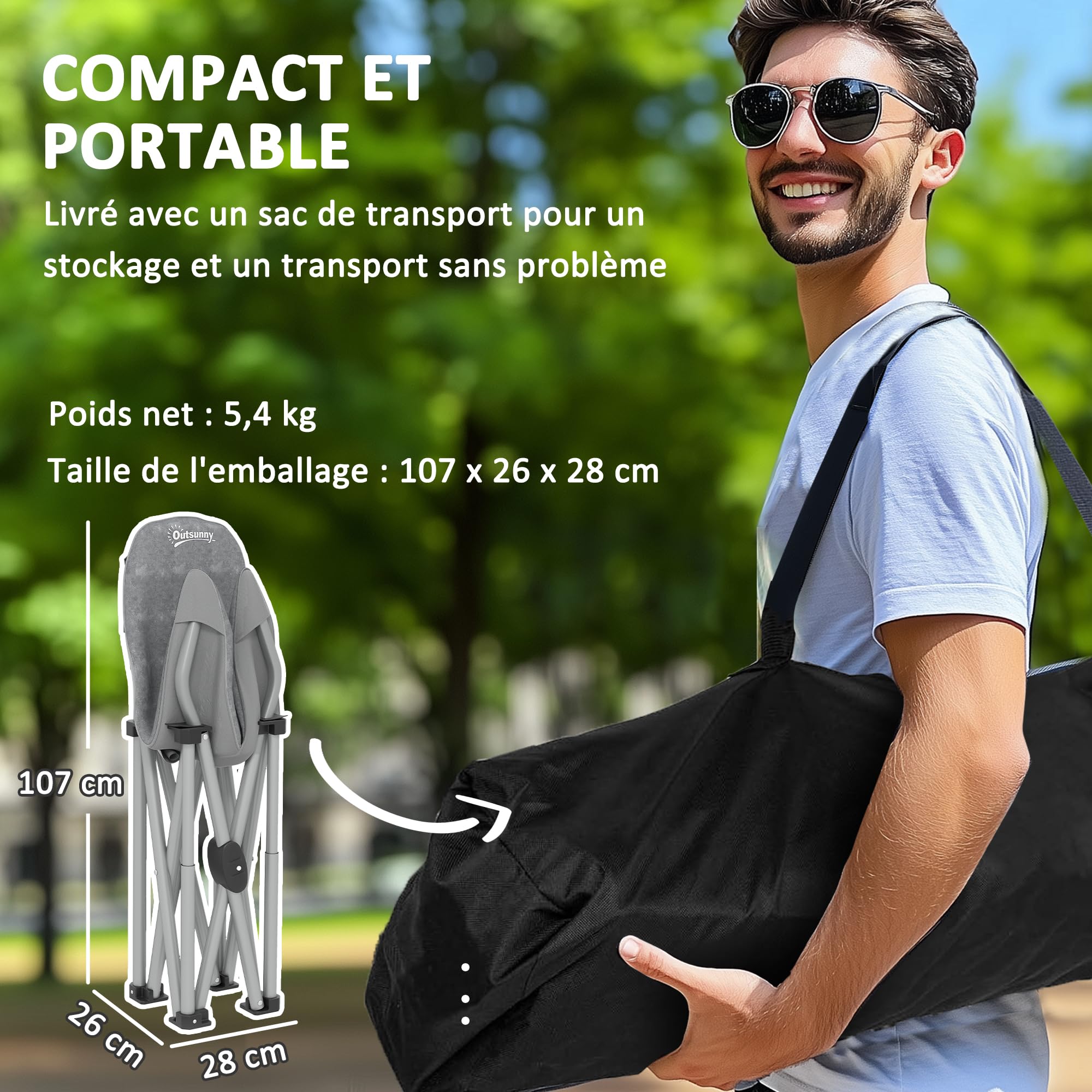 Outsunny Chaise Pliante Camping Chaise de Pêche Portable Gris Foncé | Légère, Siège Rembourré, Poches Latérales, Sac de Transport, Fauteuil Pliant, Randonnée, Pêche, Plage, Pique-Nique