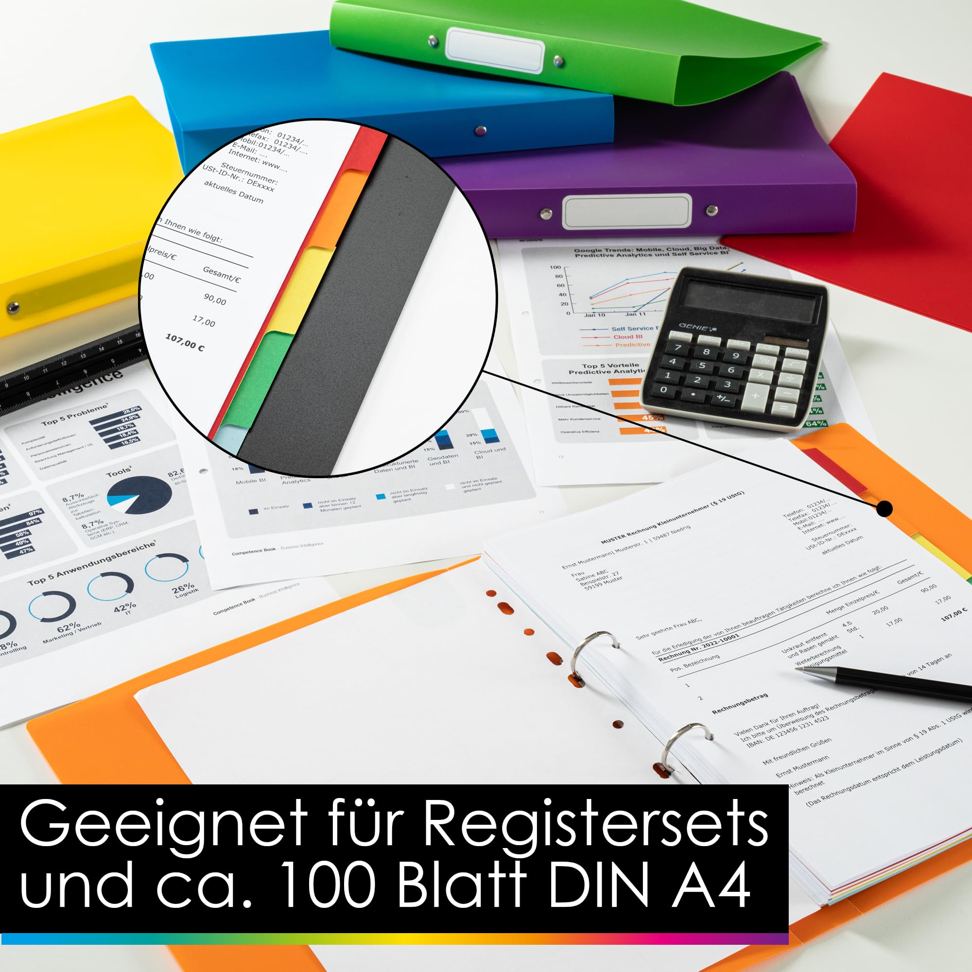 OfficeTree 12x Ringbuch A4 Set - 12 Farben - 2-Ring-Mechanik - Ringmappe A4 Rückenbreite 3,5cm - Ringhefter aus robusten Kunststoff - Ringordner schmal inkl. Sticker - Hefter