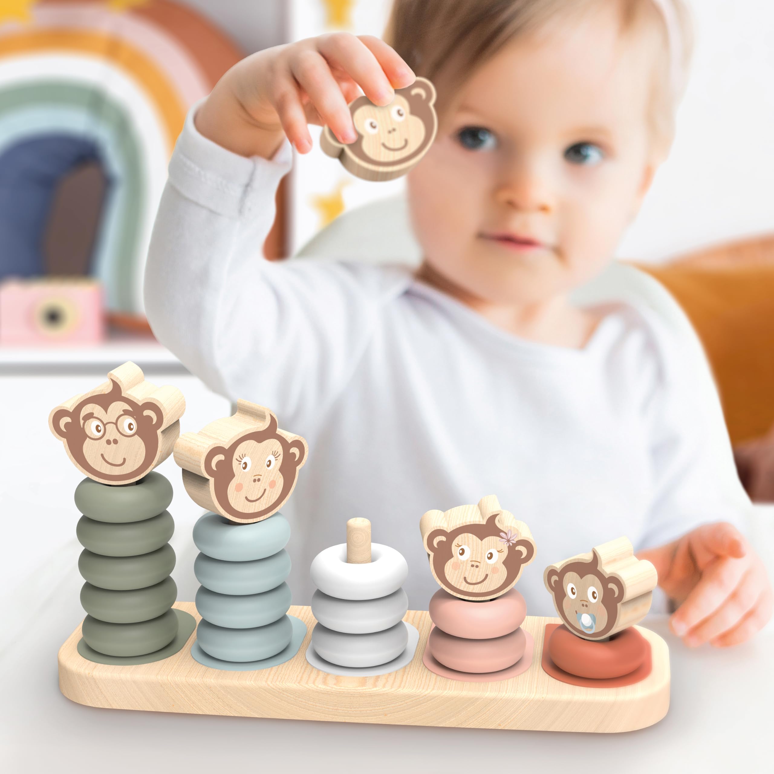 SPEEDY MONKEY Wooden Stacking Monkeys, Multicolor, Small - Image 2