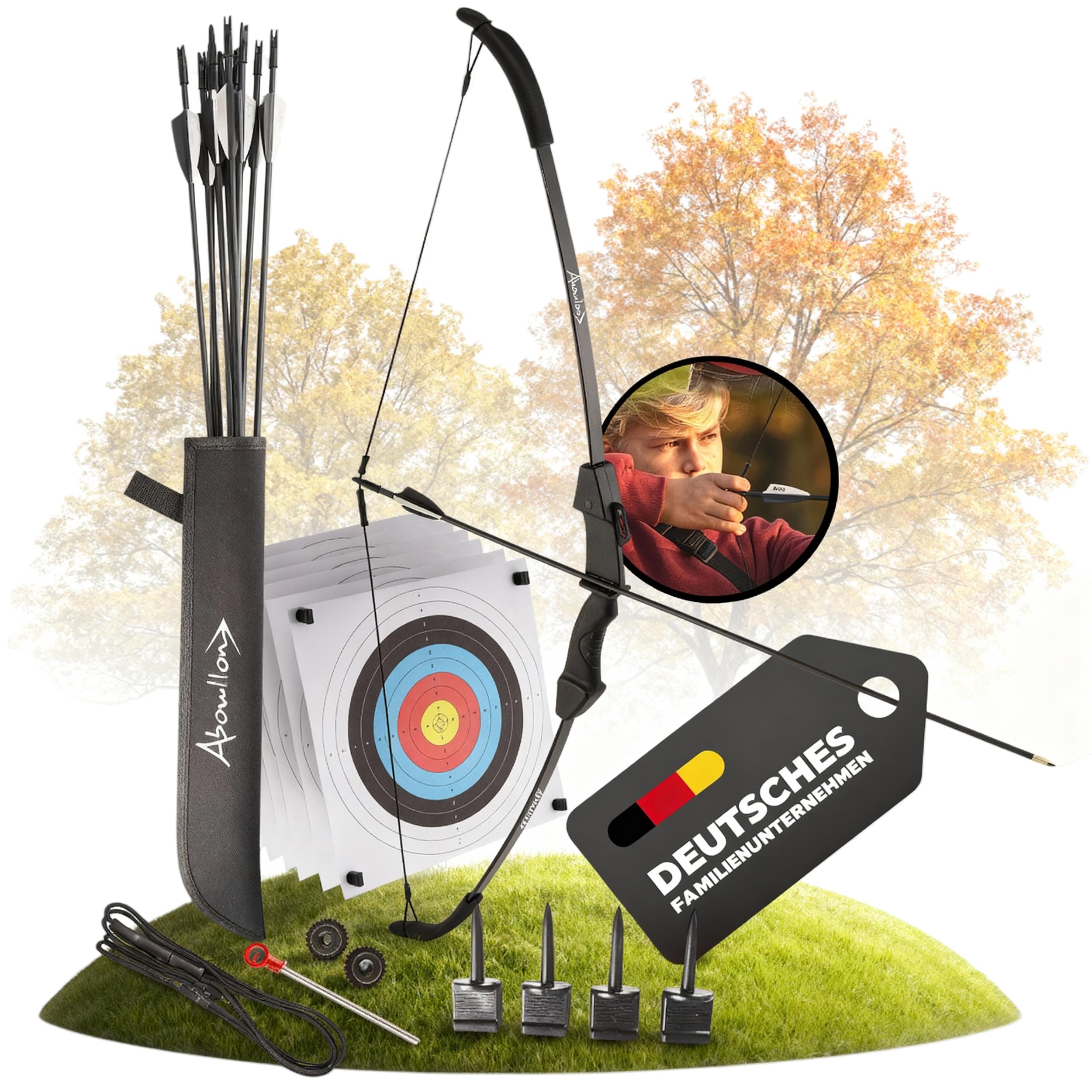 Pfeil und Bogen Kinder | Zielscheibe Bogenschießen Kinder | Sportbogen mit 10 Pfeilen, 6 Zielscheiben, Nylon Köcher | Bogenschießen Kinderbogen | Bow and Arrow