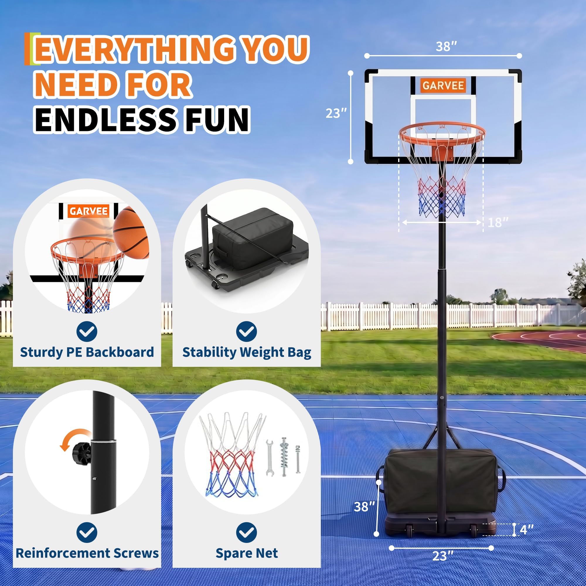 Cestino da Basket esterno regolabile 220-280 cm, supporto portatile nero