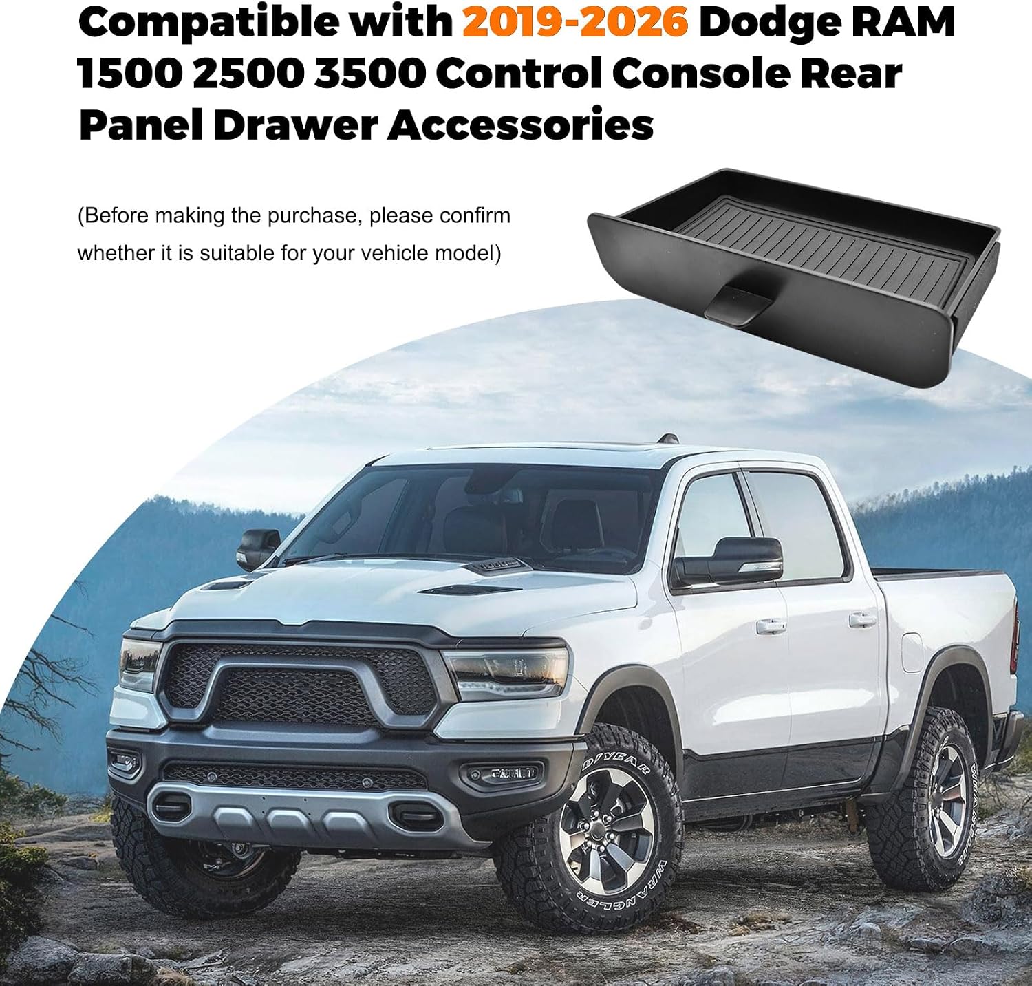 Rear Seat Storage Tray Fit for 2019-2026 Dodge Ram 1500 2500 3500 Insert Drawer Box - Easy to Install Removable Cubby Organizer Box Insert Tray (Only Fits Models with Cubby)